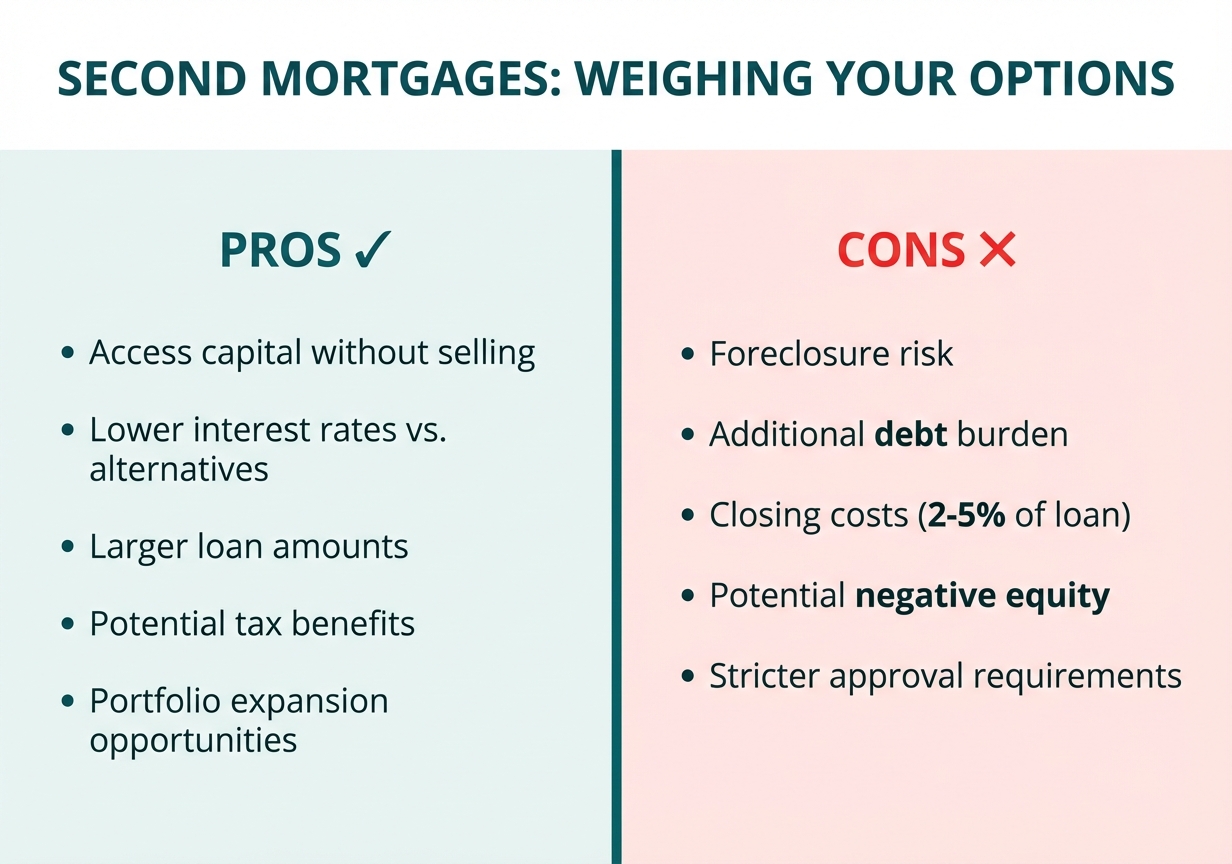 A balanced pros and cons infographic showing the advantages and risks of second mortgages in a two-column format.