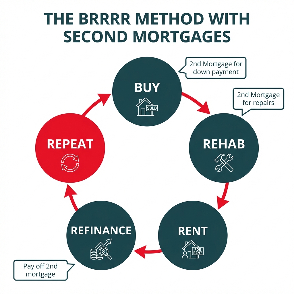 Infographic showing the BRRRR method cycle and how second mortgages fit into the strategy at different stages.