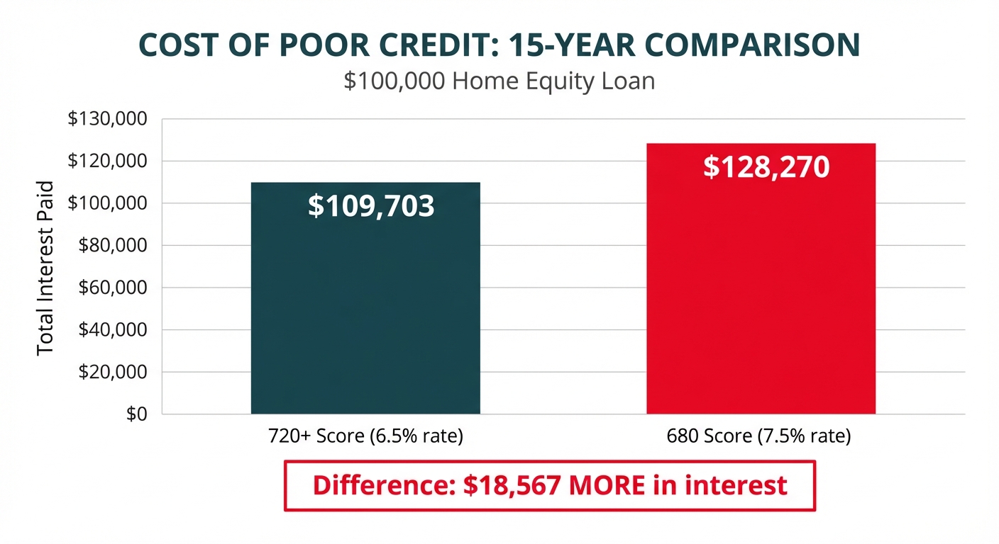 **Task:** Create a data visualization chart comparing the total cost of a $100,000 home equity loan over 15 years at different credit score tiers.

**Visual Structure:** A vertical bar chart with two bars side-by-side, showing the dramatic difference in total interest paid between a 720+ credit score versus a 680 credit score. Include a clear legend and data labels on each bar.

**ASCII Layout Reference:**
```
+------------------------------------------------+
|    COST OF POOR CREDIT: 15-YEAR COMPARISON    |
|         $100,000 Home Equity Loan              |
+------------------------------------------------+
|                                                |
|  $128,270 ┤                    ████            |
|           ┤                    ████            |
|           ┤                    ████            |
|  $109,703 ┤        ████        ████            |
|           ┤        ████        ████            |
|           ┤        ████        ████            |
|         0 ┼────────────────────────────        |
|           720+ Score    680 Score              |
|           (6.5% rate)   (7.5% rate)            |
|                                                |
|  Difference: $18,567 MORE in interest          |
+------------------------------------------------+
```

**Image Section Breakdown:**
- Title: 