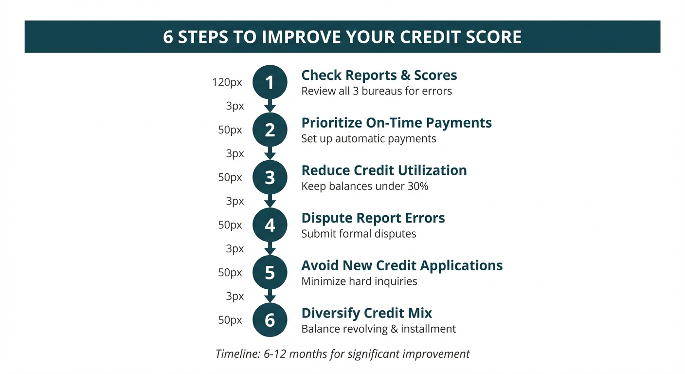 **Task:** Create a step-by-step infographic showing the six key actions to improve credit scores for equity loan approval, presented as a vertical timeline with icons and clear action items.

**Visual Structure:** A vertical flowchart with six connected steps, each containing an icon, title, and brief description. Steps flow from top to bottom with connecting lines in deep teal.

**ASCII Layout Reference:**
```
+-----------------------------------------------+
|     6 STEPS TO IMPROVE YOUR CREDIT SCORE      |
+-----------------------------------------------+
|                                               |
|  [1] Check Reports & Scores                   |
|      └─ Review all 3 bureaus for errors       |
|         ↓                                     |
|  [2] Prioritize On-Time Payments              |
|      └─ Set up automatic payments             |
|         ↓                                     |
|  [3] Reduce Credit Utilization                |
|      └─ Keep balances under 30%               |
|         ↓                                     |
|  [4] Dispute Report Errors                    |
|      └─ Submit formal disputes                |
|         ↓                                     |
|  [5] Avoid New Credit Applications            |
|      └─ Minimize hard inquiries               |
|         ↓                                     |
|  [6] Diversify Credit Mix                     |
|      └─ Balance revolving & installment       |
|                                               |
+-----------------------------------------------+
```

**Image Section Breakdown:**
- Header: 