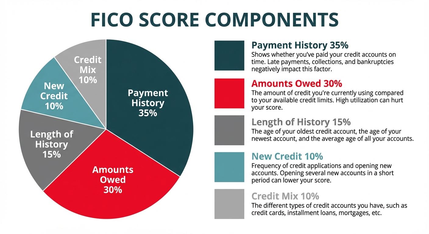 **Task:** Create a pie chart infographic showing the five components of a FICO credit score with their respective percentages, using the specified brand colors.

**Visual Structure:** A circular pie chart with five segments, each labeled with the component name and percentage. Include a legend on the right side with detailed descriptions of each component.

**ASCII Layout Reference:**
```
+----------------------------------------------------------+
|              FICO SCORE COMPONENTS                        |
+----------------------------------------------------------+
|                                                           |
|          [PIE CHART]              LEGEND                  |
|                                   ■ Payment History 35%   |
|         35% Payment               ■ Amounts Owed 30%      |
|         30% Amounts               ■ Length of History 15% |
|         15% Length                ■ New Credit 10%        |
|         10% New                   ■ Credit Mix 10%        |
|         10% Mix                                           |
|                                                           |
+----------------------------------------------------------+
```

**Image Section Breakdown:**
- Header: 