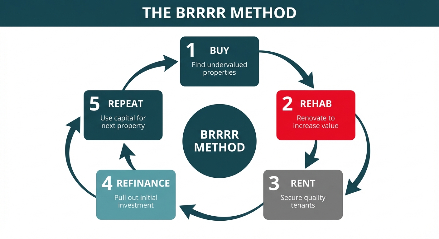 **Task:** Create a circular flow diagram infographic illustrating the five steps of the BRRRR method for real estate investing, with arrows showing the cyclical nature of the strategy.

**Visual Structure:** Five connected boxes arranged in a circular flow pattern with curved arrows between them. The center contains 