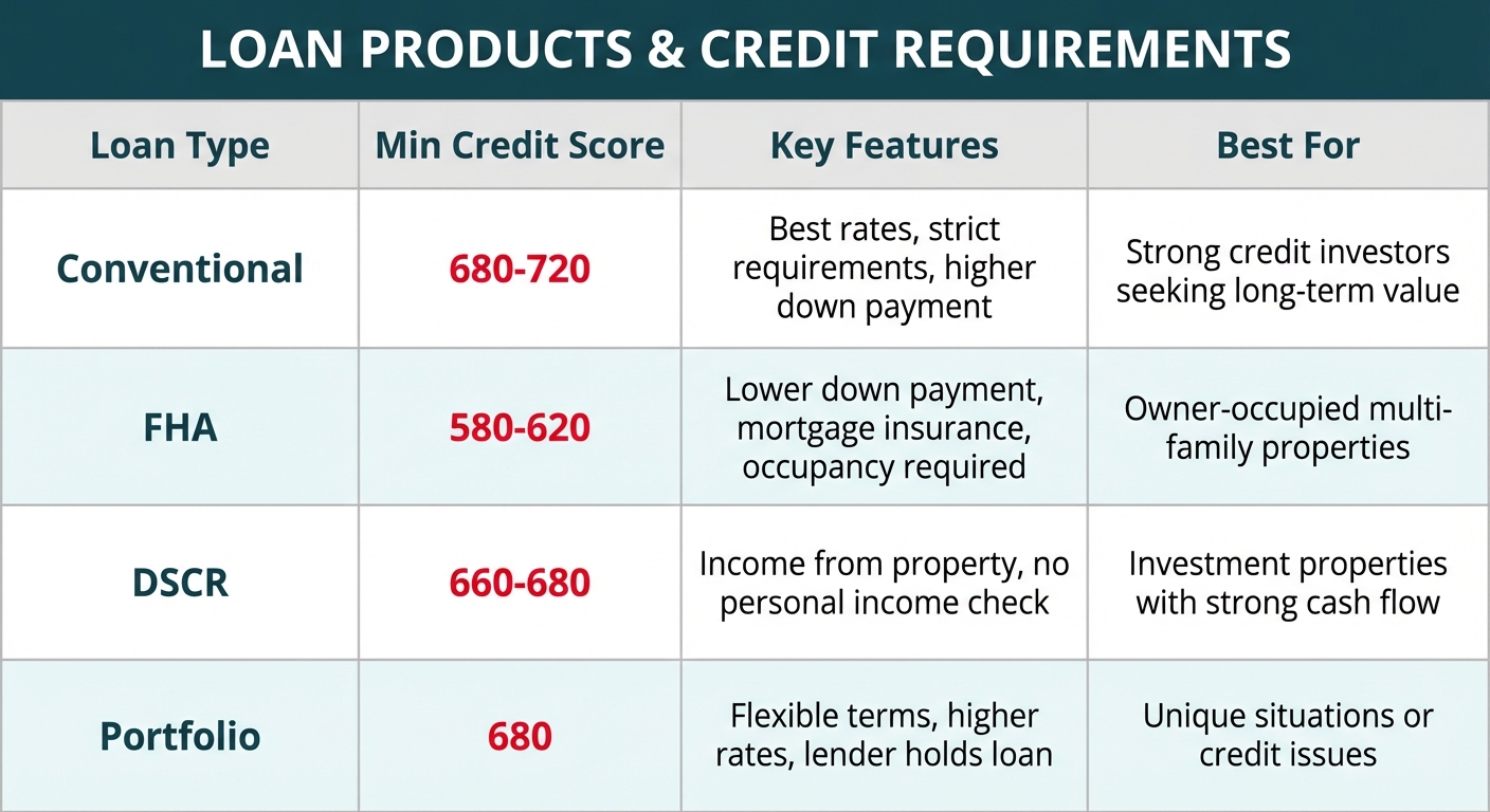 **Task:** Create a comparison table infographic showing different loan products and their credit requirements for real estate investors.

**Visual Structure:** A structured table with five rows (one for each loan type) and four columns (Loan Type, Minimum Credit Score, Key Features, Best For). Use alternating row colors for readability.

**ASCII Layout Reference:**
```
+-------------------------------------------------------------------------+
|              LOAN PRODUCTS & CREDIT REQUIREMENTS                        |
+-------------------------------------------------------------------------+
| Loan Type      | Min Score | Key Features          | Best For          |
+-------------------------------------------------------------------------+
| Conventional   | 680-720   | Best rates, strict    | Strong credit     |
|                |           | requirements          | investors         |
+-------------------------------------------------------------------------+
| FHA            | 580-620   | Lower down payment,   | Owner-occupied    |
|                |           | mortgage insurance    | multi-family      |
+-------------------------------------------------------------------------+
| DSCR           | 660-680   | Income from property, | Investment        |
|                |           | not personal income   | properties        |
+-------------------------------------------------------------------------+
| Portfolio      | 600-640   | Flexible terms,       | Unique situations |
|                |           | higher rates          | or credit issues  |
+-------------------------------------------------------------------------+
| Hard Money     | 580-600   | Asset-based, short    | Quick financing   |
|                |           | term, high rates      | needs             |
+-------------------------------------------------------------------------+
```

**Image Section Breakdown:**
- Header: 