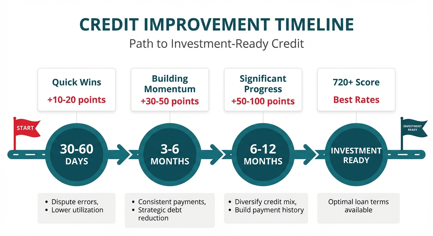 **Task:** Create a timeline infographic showing the credit improvement journey for real estate investors, with milestones and expected outcomes at each stage.

**Visual Structure:** A horizontal timeline with four major milestone markers, each showing time period, actions to take, and expected credit score improvements. Use a road/path metaphor with progression from left to right.

**ASCII Layout Reference:**
```
+-------------------------------------------------------------------------+
|              CREDIT IMPROVEMENT TIMELINE                                |
|              Path to Investment-Ready Credit                            |
+-------------------------------------------------------------------------+
|                                                                         |
|  START ──→ [30-60 Days] ──→ [3-6 Months] ──→ [6-12 Months] ──→ READY  |
|            Quick Wins      Building         Significant      720+      |
|            +10-20 pts      Momentum         Progress         Score     |
|                            +30-50 pts       +50-100 pts                |
|                                                                         |
+-------------------------------------------------------------------------+
```

**Image Section Breakdown:**
- Header: 