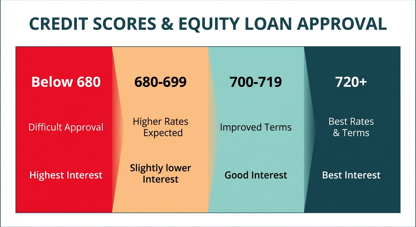 **Task:** Create an infographic that explains the credit score ranges and their impact on equity loan approval for real estate investors.

**Visual Structure:** A horizontal tiered diagram showing four distinct credit score ranges, with each tier displaying the score range, approval likelihood, and typical interest rate impact. Use a gradient effect from red (poor) to deep teal (excellent).

**ASCII Layout Reference:**
```
+----------------------------------------------------------+
|           CREDIT SCORES & EQUITY LOAN APPROVAL           |
+----------------------------------------------------------+
|  [RED ZONE]     [YELLOW]      [LIGHT TEAL]  [DEEP TEAL] |
|   Below 680    680-699         700-719       720+        |
|                                                           |
|   Difficult    Higher Rates   Improved      Best Rates   |
|   Approval     Expected        Terms         & Terms     |
|                                                           |
|   7.5%+        7.0-7.5%        6.5-7.0%      6.0-6.5%    |
|   Interest     Interest        Interest      Interest    |
+----------------------------------------------------------+
```

**Image Section Breakdown:**
- Header: 
