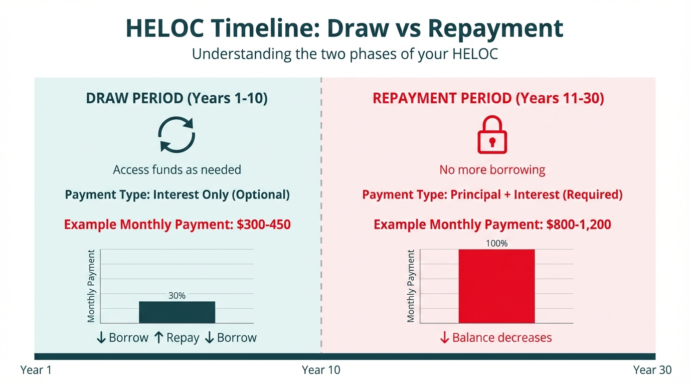 **Task:** Create a timeline infographic illustrating the two distinct phases of a HELOC: the Draw Period and the Repayment Period, showing how payments change over time.

**Visual Structure:** A horizontal timeline with two distinct sections showing the progression from Draw Period to Repayment Period, with visual indicators for payment types and amounts at different stages.

**ASCII Layout Reference:**
```
+------------------------------------------------------------------------+
|                    HELOC Timeline: Draw vs Repayment                   |
+------------------------------------------------------------------------+
|                                                                         |
|  DRAW PERIOD (Years 1-10)          |    REPAYMENT PERIOD (Years 11-30)|
|  -----------------------------------|----------------------------------|
|  [Access funds as needed]           |    [No more borrowing]           |
|                                     |                                  |
|  Payment Type:                      |    Payment Type:                 |
|  Interest Only                      |    Principal + Interest          |
|  (Optional)                         |    (Required)                    |
|                                     |                                  |
|  Example Monthly Payment:           |    Example Monthly Payment:      |
|  $300-450                           |    $800-1,200                    |
|  [Small bar graph]                  |    [Large bar graph]             |
|                                     |                                  |
|  ↓ Borrow ↑ Repay ↓ Borrow         |    ↓ Balance decreases           |
+------------------------------------------------------------------------+
```

**Image Section Breakdown:**

1. **Header Section:**
   - Title: 