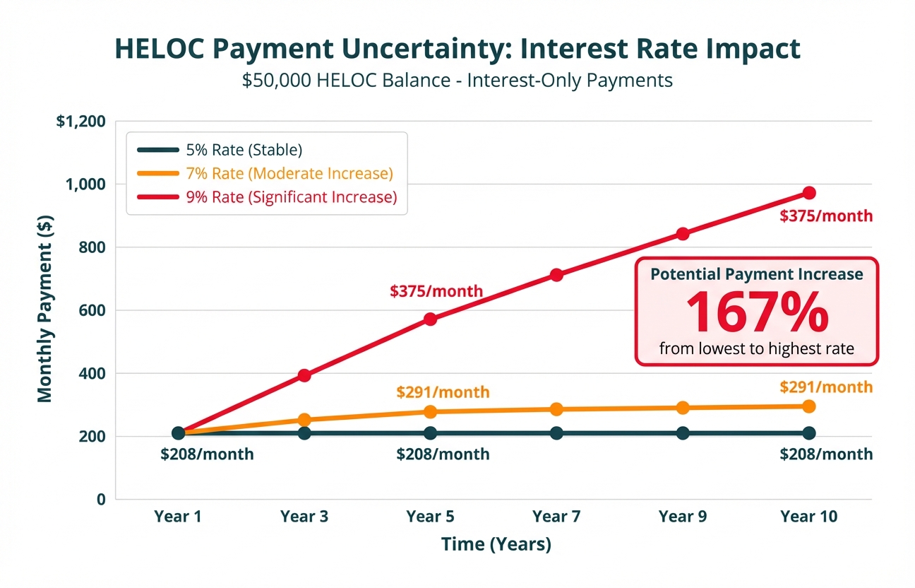 **Task:** Create a data visualization showing the impact of interest rate changes on HELOC monthly payments, demonstrating payment uncertainty and potential cash flow challenges for real estate investors.

**Visual Structure:** A line graph showing payment amounts over time with three different interest rate scenarios, accompanied by a 