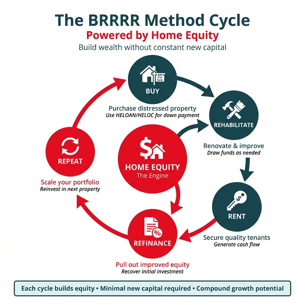 **Task:** Create a circular flow diagram illustrating the BRRRR method (Buy, Rehabilitate, Rent, Refinance, Repeat) and how home equity financing powers each cycle of this real estate investment strategy.

**Visual Structure:** A circular diagram with five connected stages forming a continuous loop, with a central element showing home equity as the catalyst. Arrows connect each stage in clockwise direction.

**ASCII Layout Reference:**
```
+----------------------------------------------------------------+
|                    The BRRRR Method Cycle                      |
|                   Powered by Home Equity                       |
+----------------------------------------------------------------+
|                                                                 |
|                          [BUY]                                  |
|                            ↓                                    |
|                      [REHABILITATE]                             |
|                            ↓                                    |
|        [REPEAT]  ←  [Center: EQUITY]  →  [RENT]               |
|            ↑                                 ↓                  |
|            └──────── [REFINANCE] ←──────────┘                  |
|                                                                 |
|  Each stage shows:                                              |
|  - Icon representing the stage                                  |
|  - Stage name                                                   |
|  - Key action/benefit                                           |
|  - Connection arrow to next stage                               |
+----------------------------------------------------------------+
```

**Image Section Breakdown:**

1. **Header Section:**
   - Title: 