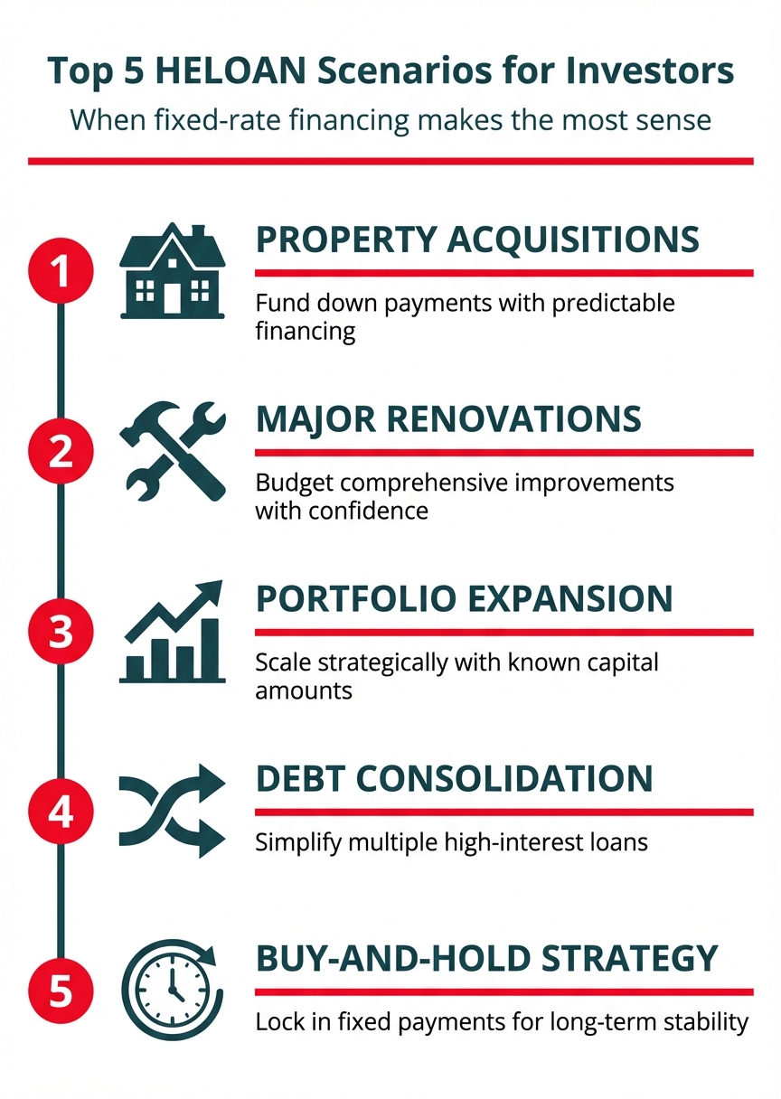 **Task:** Create an infographic showcasing the top 5 ideal scenarios for using HELOANs in real estate investing, with icons and brief descriptions for each use case.

**Visual Structure:** A vertical layout with five distinct sections, each featuring an icon, scenario title, and brief description. The sections are connected by a vertical line representing a strategic investment path.

**ASCII Layout Reference:**
```
+--------------------------------------------------------+
|          Top 5 HELOAN Scenarios for Investors          |
+--------------------------------------------------------+
|                                                         |
|  1. [House Icon]      PROPERTY ACQUISITIONS            |
|     ------------------------------------------------    |
|     Fund down payments with predictable financing      |
|                                                         |
|  2. [Hammer Icon]     MAJOR RENOVATIONS                |
|     ------------------------------------------------    |
|     Budget comprehensive improvements with confidence  |
|                                                         |
|  3. [Growth Icon]     PORTFOLIO EXPANSION              |
|     ------------------------------------------------    |
|     Scale strategically with known capital amounts     |
|                                                         |
|  4. [Merge Icon]      DEBT CONSOLIDATION               |
|     ------------------------------------------------    |
|     Simplify multiple high-interest loans              |
|                                                         |
|  5. [Clock Icon]      BUY-AND-HOLD STRATEGY            |
|     ------------------------------------------------    |
|     Lock in fixed payments for long-term stability     |
+--------------------------------------------------------+
```

**Image Section Breakdown:**

1. **Header Section:**
   - Title: 