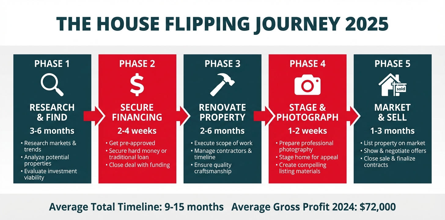 **Task:** Create a professional hero infographic that visualizes the complete house flipping journey from start to finish, showing the 5 main phases with timeline and key metrics.

**Visual Structure:** Horizontal timeline flow chart spanning the full width of the image, with 5 distinct phases connected by arrows, each phase containing an icon, title, timeline duration, and 2-3 key bullet points.

**ASCII Layout Reference:**
```
┌─────────────────────────────────────────────────────────────────────────────┐
│                     THE HOUSE FLIPPING JOURNEY 2025                         │
├─────────────┬─────────────┬─────────────┬─────────────┬─────────────────────┤
│   PHASE 1   │   PHASE 2   │   PHASE 3   │   PHASE 4   │      PHASE 5        │
│  [SEARCH]   │  [FINANCE]  │ [RENOVATE]  │   [STAGE]   │      [SELL]         │
│             │             │             │             │                     │
│ 3-6 months  │ 2-4 weeks   │ 2-6 months  │ 1-2 weeks   │    1-3 months       │
│             │             │             │             │                     │
│ • Research  │ • Get pre-  │ • Execute   │ • Photo-    │ • List property     │
│ • Analyze   │   approved  │   scope     │   graphy    │ • Show & negotiate  │
│ • Evaluate  │ • Close     │ • Manage    │ • Stage     │ • Close sale        │
│             │   deal      │   quality   │   home      │                     │
└─────────────┴─────────────┴─────────────┴─────────────┴─────────────────────┘
                    Average Total Timeline: 9-15 months
                    Average Gross Profit 2024: $72,000
```

**Image Section Breakdown:**
- Header section: White background with 