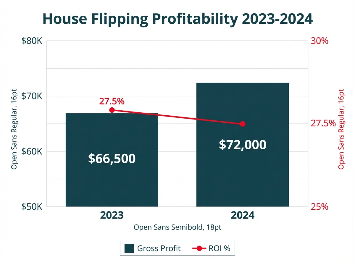 **Task:** Create a professional data visualization showing house flipping profit trends from 2023 to 2024 with two key metrics: average gross profit and ROI percentage.

**Visual Structure:** Dual-axis bar and line chart combination showing gross profit as bars and ROI percentage as a line graph, with clear labeling and a legend.

**ASCII Layout Reference:**
```
┌────────────────────────────────────────────────────────────┐
│        House Flipping Profitability 2023-2024              │
├────────────────────────────────────────────────────────────┤
│                                                            │
│  $80K ┤                                          ●─ 30%   │
│       │                                        ╱           │
│  $70K ┤                      ██████████████  ╱   ─ 27.5% │
│       │                      █   $72,000  █╱              │
│  $60K ┤      ██████████████  █            ●               │
│       │      █   $66,500  █  █                            │
│  $50K ┤      █            █  █                            │
│       │      █            █  █                            │
│       └──────┴────────────┴──┴────────────────────────────┤
│             2023         2024                              │
│                                                            │
│  Legend: ██ Gross Profit    ●─ ROI %                      │
└────────────────────────────────────────────────────────────┘
```

**Image Section Breakdown:**
- Title section: 