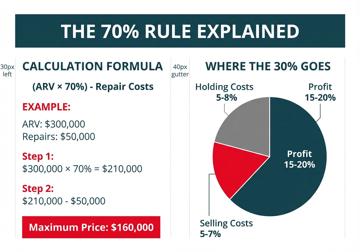 **Task:** Create an educational infographic explaining the 70% Rule for house flipping with a visual breakdown of the calculation and cost allocation pie chart.

**Visual Structure:** Two-column layout with calculation breakdown on the left and a pie chart showing the 30% margin breakdown on the right, with a worked example using specific numbers.

**ASCII Layout Reference:**
```
┌──────────────────────────────────────────────────────────────────┐
│                    THE 70% RULE EXPLAINED                         │
├────────────────────────────┬─────────────────────────────────────┤
│  CALCULATION FORMULA       │    WHERE THE 30% GOES               │
│                            │                                     │
│  Maximum Purchase Price =  │         ╱────────╲                 │
│  (ARV × 70%) - Repairs     │       ╱  Profit   ╲                │
│                            │      │   15-20%    │               │
│  EXAMPLE:                  │      │─────────────│               │
│  ARV: $300,000             │     ╱   Selling    ╲               │
│  Repairs: $50,000          │    │     Costs      │              │
│                            │    │     5-7%       │              │
│  Step 1:                   │    │───────────────│               │
│  $300,000 × 70% = $210,000 │   ╱   Holding      ╲              │
│                            │  │      Costs        │             │
│  Step 2:                   │  │      5-8%         │             │
│  $210,000 - $50,000        │   ╲                 ╱              │
│                            │     ╲──────────────╱               │
│  Maximum Price: $160,000   │                                     │
└────────────────────────────┴─────────────────────────────────────┘
```

**Image Section Breakdown:**
- Header: 