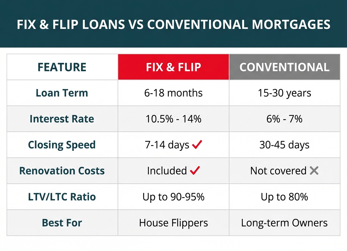 **Task:** Create a comparison infographic showing Fix and Flip Loans versus Conventional Mortgages across key metrics relevant to house flippers.

**Visual Structure:** Side-by-side comparison table with two columns (Fix & Flip vs Conventional) and six rows comparing key features, using checkmarks and X marks for visual clarity.

**ASCII Layout Reference:**
```
┌────────────────────────────────────────────────────────────────────┐
│            FIX & FLIP LOANS VS CONVENTIONAL MORTGAGES              │
├──────────────────────┬──────────────────┬──────────────────────────┤
│   FEATURE            │  FIX & FLIP      │   CONVENTIONAL           │
├──────────────────────┼──────────────────┼──────────────────────────┤
│ Loan Term            │  6-18 months     │   15-30 years            │
├──────────────────────┼──────────────────┼──────────────────────────┤
│ Interest Rate        │  10.5% - 14%     │   6% - 7%                │
├──────────────────────┼──────────────────┼──────────────────────────┤
│ Closing Speed        │  7-14 days ✓     │   30-45 days             │
├──────────────────────┼──────────────────┼──────────────────────────┤
│ Renovation Costs     │  Included ✓      │   Not covered ✗          │
├──────────────────────┼──────────────────┼──────────────────────────┤
│ LTV/LTC Ratio        │  Up to 90-95%    │   Up to 80%              │
├──────────────────────┼──────────────────┼──────────────────────────┤
│ Best For             │  House Flippers  │   Long-term Owners       │
└──────────────────────┴──────────────────┴──────────────────────────┘
```

**Image Section Breakdown:**
- Header section: 