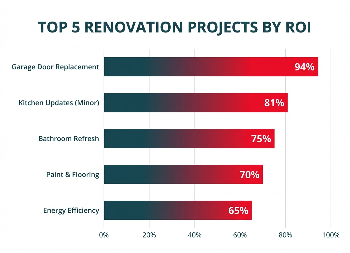 **Task:** Create a horizontal bar chart showing ROI percentages for the top 5 house flipping renovation projects, ranked from highest to lowest return.

**Visual Structure:** Horizontal bar chart with five bars representing different renovation types, each labeled with the renovation name on the left and ROI percentage on the right, sorted from highest to lowest ROI.

**ASCII Layout Reference:**
```
┌──────────────────────────────────────────────────────────────┐
│         TOP 5 RENOVATION PROJECTS BY ROI                     │
├──────────────────────────────────────────────────────────────┤
│                                                              │
│ Garage Door Replacement    ████████████████████████  94%    │
│                                                              │
│ Kitchen Updates (Minor)    ████████████████████      81%    │
│                                                              │
│ Bathroom Refresh           ██████████████████        75%    │
│                                                              │
│ Paint & Flooring           ███████████████           70%    │
│                                                              │
│ Energy Efficiency          ████████████              65%    │
│                                                              │
│                    0%   20%   40%   60%   80%   100%         │
└──────────────────────────────────────────────────────────────┘
```

**Image Section Breakdown:**
- Title: 