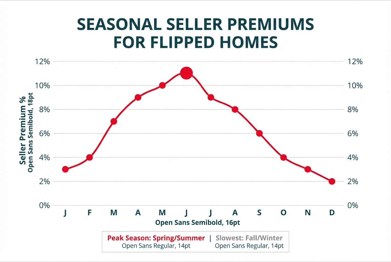 **Task:** Create a line graph showing seasonal seller premium percentages throughout the year for house flipping sales, with monthly data points from January through December.

**Visual Structure:** Line graph with x-axis showing months and y-axis showing seller premium percentage, with a smooth curve peaking in June and declining through fall.

**ASCII Layout Reference:**
```
┌────────────────────────────────────────────────────────────┐
│         SEASONAL SELLER PREMIUMS FOR FLIPPED HOMES         │
├────────────────────────────────────────────────────────────┤
│                                                            │
│ 12% ┤                        ●                             │
│     │                      ╱   ╲                           │
│ 10% ┤                    ╱       ╲                         │
│     │                  ╱           ╲                       │
│  8% ┤               ●                ●                     │
│     │             ╱                    ╲                   │
│  6% ┤           ╱                        ●                 │
│     │         ╱                            ╲               │
│  4% ┤       ●                                ●             │
│     │     ╱                                    ╲           │
│  2% ┤   ●                                        ●         │
│     └─────┴────┴────┴────┴────┴────┴────┴────┴────┴───────┤
│       J   F   M   A   M   J   J   A   S   O   N   D       │
│                                                            │
│  Peak Season: Spring/Summer  |  Slowest: Fall/Winter      │
└────────────────────────────────────────────────────────────┘
```

**Image Section Breakdown:**
- Title: 