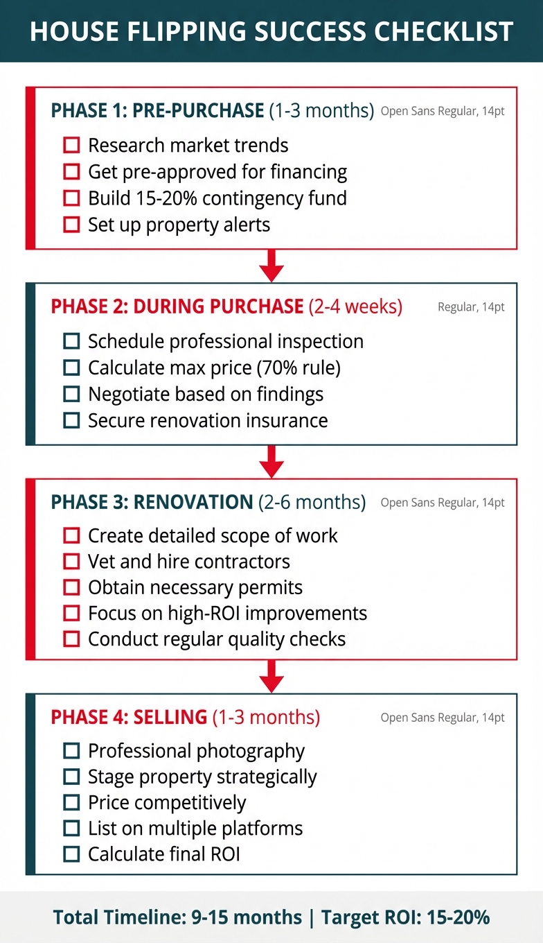 **Task:** Create a comprehensive visual checklist infographic for house flipping showing all major phases with key action items in a vertical flow format.

**Visual Structure:** Vertical flowchart with four main phase boxes (Pre-Purchase, During Purchase, Renovation, Selling) connected by arrows, each containing 3-5 checkbox items representing critical tasks.

**ASCII Layout Reference:**
```
┌──────────────────────────────────────────────────────────┐
│         HOUSE FLIPPING SUCCESS CHECKLIST                 │
├──────────────────────────────────────────────────────────┤
│                                                          │
│  ┌─────────────────────────────────────────────┐        │
│  │  PHASE 1: PRE-PURCHASE (1-3 months)         │        │
│  │  ☐ Research market trends                   │        │
│  │  ☐ Get pre-approved for financing           │        │
│  │  ☐ Build 15-20% contingency fund            │        │
│  │  ☐ Set up property alerts                   │        │
│  └─────────────────────────────────────────────┘        │
│                      ↓                                   │
│  ┌─────────────────────────────────────────────┐        │
│  │  PHASE 2: DURING PURCHASE (2-4 weeks)       │        │
│  │  ☐ Schedule professional inspection         │        │
│  │  ☐ Calculate max price (70% rule)           │        │
│  │  ☐ Negotiate based on findings              │        │
│  │  ☐ Secure renovation insurance              │        │
│  └─────────────────────────────────────────────┘        │
│                      ↓                                   │
│  ┌─────────────────────────────────────────────┐        │
│  │  PHASE 3: RENOVATION (2-6 months)           │        │
│  │  ☐ Create detailed scope of work            │        │
│  │  ☐ Vet and hire contractors                 │        │
│  │  ☐ Obtain necessary permits                 │        │
│  │  ☐ Focus on high-ROI improvements           │        │
│  │  ☐ Conduct regular quality checks           │        │
│  └─────────────────────────────────────────────┘        │
│                      ↓                                   │
│  ┌─────────────────────────────────────────────┐        │
│  │  PHASE 4: SELLING (1-3 months)              │        │
│  │  ☐ Professional photography                 │        │
│  │  ☐ Stage property strategically             │        │
│  │  ☐ Price competitively                      │        │
│  │  ☐ List on multiple platforms               │        │
│  │  ☐ Calculate final ROI                      │        │
│  └─────────────────────────────────────────────┘        │
│                                                          │
│  Total Timeline: 9-15 months  |  Target ROI: 15-20%     │
└──────────────────────────────────────────────────────────┘
```

**Image Section Breakdown:**
- Header: 