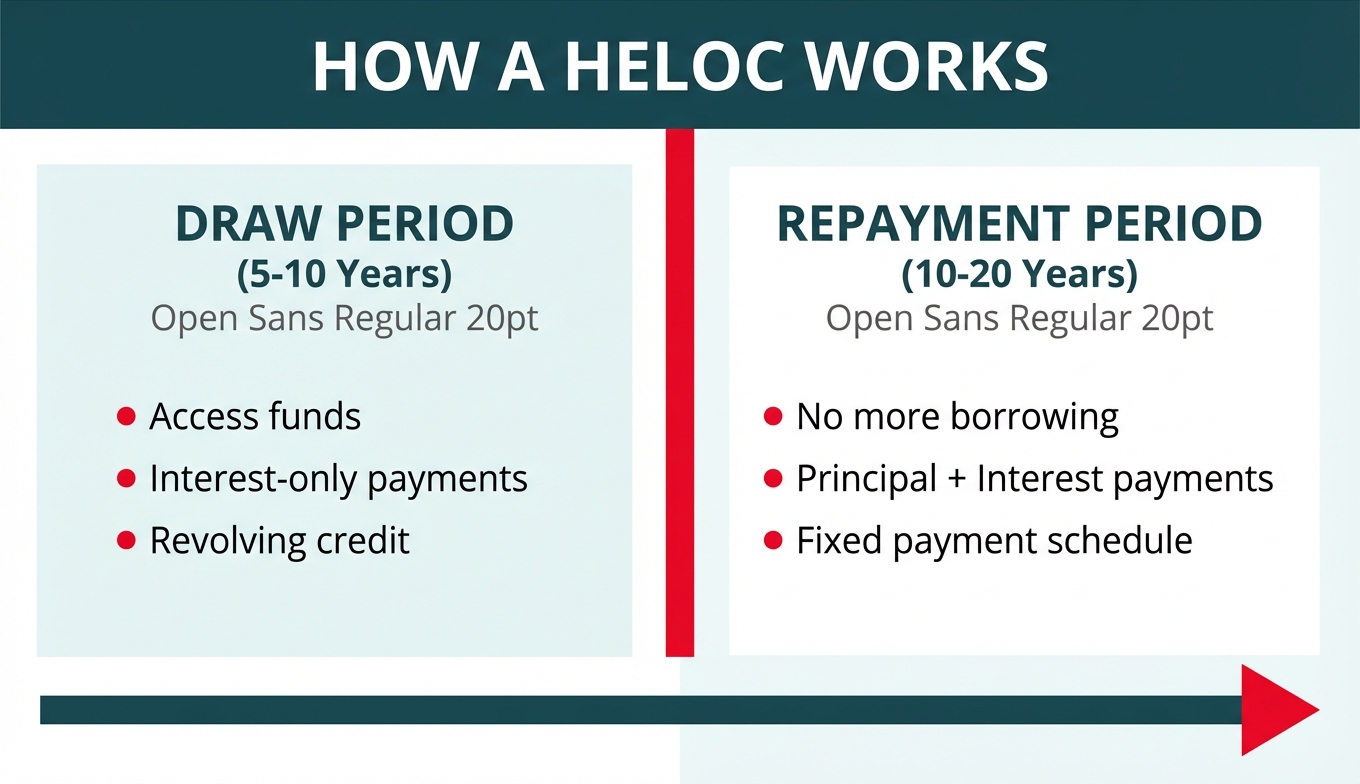 **Task:** Create an infographic timeline visualization showing the two distinct phases of a HELOC (Draw Period and Repayment Period) with clear visual distinction between the phases and their characteristics.

**Visual Structure:** A horizontal timeline infographic split into two major sections, with the Draw Period on the left and Repayment Period on the right, separated by a vertical divider. Each section contains key information boxes with phase characteristics.

**ASCII Layout Reference:**
```
+----------------------------------------------------------+
|                    HOW A HELOC WORKS                     |
+----------------------------------------------------------+
|                                                          |
|  DRAW PERIOD              |      REPAYMENT PERIOD        |
|  (5-10 Years)             |      (10-20 Years)           |
|                           |                              |
|  • Access funds           |  • No more borrowing         |
|  • Interest-only          |  • Principal + Interest      |
|    payments               |    payments                  |
|  • Revolving credit       |  • Fixed payment schedule    |
|                           |                              |
|  [Timeline bar =========>|<========== Timeline bar]     |
|                           |                              |
+----------------------------------------------------------+
```

**Image Section Breakdown:**
- Header section: 
