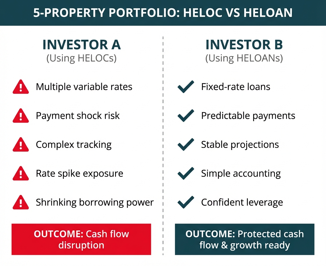 **Task:** Create a side-by-side comparison infographic showing two investor scenarios managing 5-unit portfolios, one using HELOCs and one using HELOANs, with clear visual distinction between the challenges and benefits of each approach.

**Visual Structure:** A two-column comparison layout with 