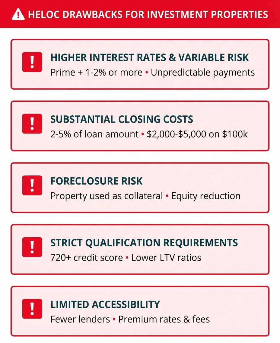 **Task:** Create a warning-style infographic highlighting the five major drawbacks of using HELOCs for investment properties, with each drawback presented as a cautionary alert with supporting details.

**Visual Structure:** A vertical layout with five distinct warning boxes, each containing a drawback title, icon, and key details, arranged in descending order of severity with visual emphasis on risk factors.

**ASCII Layout Reference:**
```
+----------------------------------------------------------+
|           ⚠ HELOC DRAWBACKS FOR INVESTMENT PROPERTIES    |
+----------------------------------------------------------+
|                                                          |
|  [!] HIGHER INTEREST RATES & VARIABLE RISK               |
|      Prime + 1-2% or more • Unpredictable payments       |
|                                                          |
|  [!] SUBSTANTIAL CLOSING COSTS                           |
|      2-5% of loan amount • $2,000-$5,000 on $100k        |
|                                                          |
|  [!] FORECLOSURE RISK                                    |
|      Property used as collateral • Equity reduction      |
|                                                          |
|  [!] STRICT QUALIFICATION REQUIREMENTS                   |
|      720+ credit score • Lower LTV ratios                |
|                                                          |
|  [!] LIMITED ACCESSIBILITY                               |
|      Fewer lenders • Premium rates & fees                |
|                                                          |
+----------------------------------------------------------+
```

**Image Section Breakdown:**
- Header section: 