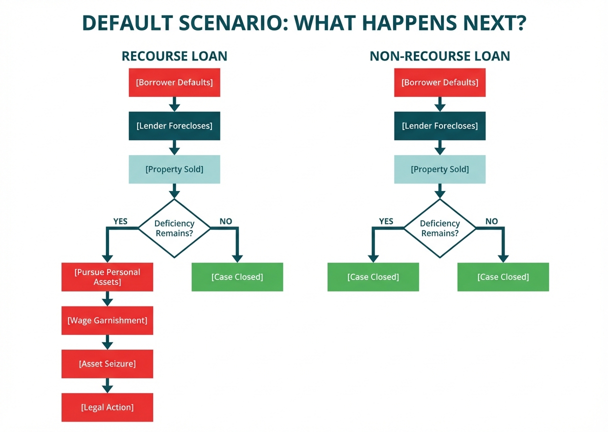 Task: Create a detailed infographic flowchart showing what happens in default scenarios for both recourse and non-recourse loans, illustrating the step-by-step process and outcomes.

Visual Structure: Two parallel flowcharts side by side, each showing the progression from default to final outcome, with decision points and consequences clearly marked.

ASCII Layout Reference:
```
+----------------------------------------------------------------+
|              DEFAULT SCENARIO: WHAT HAPPENS NEXT?              |
|                                                                |
| RECOURSE LOAN                    NON-RECOURSE LOAN            |
|                                                                |
| [Borrower Defaults]              [Borrower Defaults]          |
|        ↓                                  ↓                    |
| [Lender Forecloses]              [Lender Forecloses]          |
|        ↓                                  ↓                    |
| [Property Sold]                  [Property Sold]              |
|        ↓                                  ↓                    |
| [Deficiency Remains?]            [Deficiency Remains?]        |
|    ↓YES        ↓NO                   ↓YES        ↓NO          |
| [Pursue        [Case              [Case         [Case         |
|  Personal      Closed]             Closed]       Closed]      |
|  Assets]                                                       |
|    ↓                                                           |
| [Wage Garnishment]                                            |
| [Asset Seizure]                                               |
| [Legal Action]                                                |
+----------------------------------------------------------------+
```

Image Section Breakdown:
- Header: 