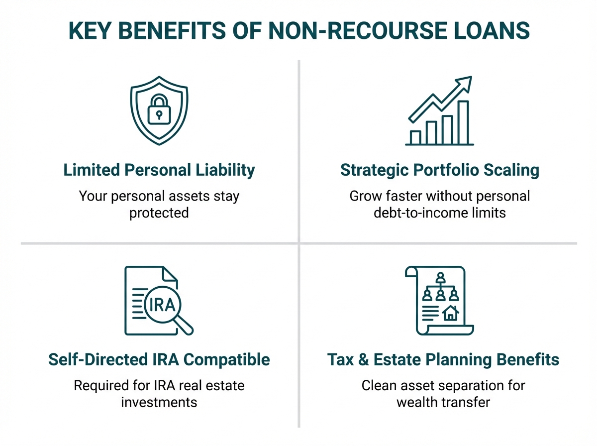 Task: Create a visually striking infographic highlighting the four key benefits of non-recourse loans for real estate investors using icons and concise explanations.

Visual Structure: Four-quadrant layout with a central title, each quadrant containing an icon, benefit heading, and brief description.

ASCII Layout Reference:
```
+----------------------------------------------------------+
|                                                          |
|        KEY BENEFITS OF NON-RECOURSE LOANS               |
|                                                          |
|  +---------------------+  +------------------------+     |
|  |  [SHIELD ICON]      |  |  [GROWTH CHART ICON]  |     |
|  |  Limited Personal   |  |  Strategic Portfolio  |     |
|  |  Liability          |  |  Scaling              |     |
|  |                     |  |                        |     |
|  |  Your personal      |  |  Grow faster without  |     |
|  |  assets stay        |  |  personal debt-to-    |     |
|  |  protected          |  |  income limits        |     |
|  +---------------------+  +------------------------+     |
|                                                          |
|  +---------------------+  +------------------------+     |
|  |  [IRA ICON]         |  |  [ESTATE PLAN ICON]   |     |
|  |  Self-Directed      |  |  Tax & Estate         |     |
|  |  IRA Compatible     |  |  Planning Benefits    |     |
|  |                     |  |                        |     |
|  |  Required for IRA   |  |  Clean asset          |     |
|  |  real estate        |  |  separation for       |     |
|  |  investments        |  |  wealth transfer      |     |
|  +---------------------+  +------------------------+     |
|                                                          |
+----------------------------------------------------------+
```

Image Section Breakdown:
- Header: 