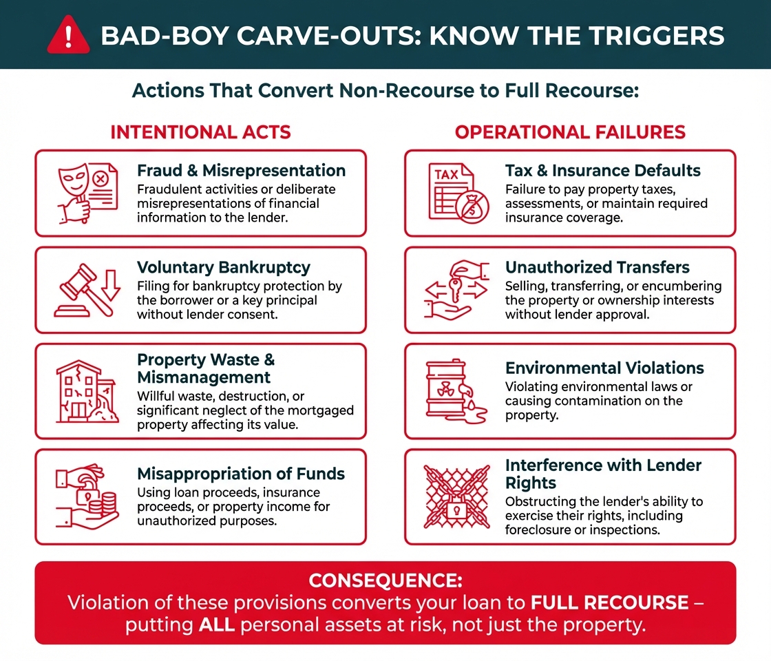 Task: Create a comprehensive infographic listing and explaining the most common bad-boy carve-out provisions that can trigger personal liability in non-recourse loans, using warning symbols and clear categorization.

Visual Structure: Header with warning symbol, followed by two columns of carve-out categories with icons and descriptions, and a bottom call-out box emphasizing the consequences.

ASCII Layout Reference:
```
+------------------------------------------------------------+
|  [WARNING ICON]  BAD-BOY CARVE-OUTS: KNOW THE TRIGGERS   |
|                                                            |
|  Actions That Convert Non-Recourse to Full Recourse:      |
|                                                            |
|  INTENTIONAL ACTS          |    OPERATIONAL FAILURES      |
|  +----------------------+  |  +------------------------+   |
|  | [FRAUD ICON]         |  |  | [TAX ICON]            |   |
|  | Fraud &              |  |  | Tax & Insurance       |   |
|  | Misrepresentation    |  |  | Defaults              |   |
|  +----------------------+  |  +------------------------+   |
|  | [BANKRUPTCY ICON]    |  |  | [TRANSFER ICON]       |   |
|  | Voluntary            |  |  | Unauthorized          |   |
|  | Bankruptcy           |  |  | Transfers             |   |
|  +----------------------+  |  +------------------------+   |
|  | [WASTE ICON]         |  |  | [ENVIRONMENT ICON]    |   |
|  | Property Waste &     |  |  | Environmental         |   |
|  | Mismanagement        |  |  | Violations            |   |
|  +----------------------+  |  +------------------------+   |
|  | [MONEY ICON]         |  |  | [BLOCK ICON]          |   |
|  | Misappropriation     |  |  | Interference with     |   |
|  | of Funds             |  |  | Lender Rights         |   |
|  +----------------------+  |  +------------------------+   |
|                                                            |
|  +------------------------------------------------------+  |
|  | CONSEQUENCE: Violation of these provisions converts  |  |
|  | your loan to FULL RECOURSE - putting ALL personal    |  |
|  | assets at risk, not just the property.               |  |
|  +------------------------------------------------------+  |
+------------------------------------------------------------+
```

Image Section Breakdown:
- Header: Warning triangle icon in Vivid Red, 