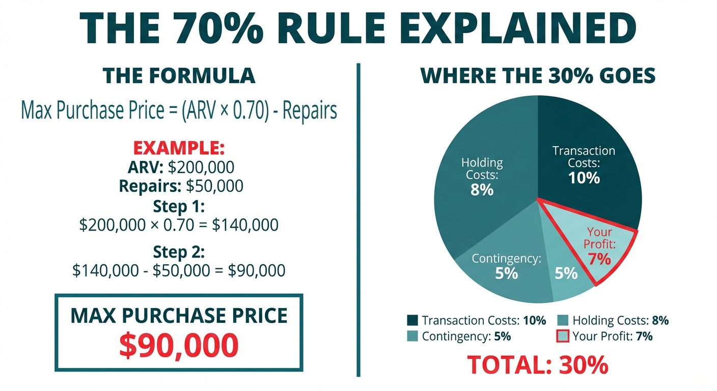 **Task:** Create a detailed infographic breaking down the 70% Rule calculation with a visual pie chart showing where the 30% margin goes and a worked example with specific numbers.

**Visual Structure:** Two-section layout with left side showing the 70% Rule formula and calculation example, right side displaying a pie chart breakdown of the 30% safety margin allocation.

**ASCII Layout Reference:**
```
+----------------------------------------------------------+
|                    THE 70% RULE EXPLAINED                |
+----------------------------------------------------------+
|                           |                              |
|  THE FORMULA              |     WHERE THE 30% GOES       |
|                           |                              |
|  Max Purchase Price =     |     [PIE CHART]              |
|  (ARV × 0.70) - Repairs   |                              |
|                           |     Transaction Costs: 10%   |
|  EXAMPLE:                 |     Holding Costs: 8%        |
|  ARV: $200,000            |     Contingency: 5%          |
|  Repairs: $50,000         |     Your Profit: 7%          |
|                           |                              |
|  Step 1:                  |     TOTAL: 30%               |
|  $200,000 × 0.70          |                              |
|  = $140,000               |                              |
|                           |                              |
|  Step 2:                  |                              |
|  $140,000 - $50,000       |                              |
|  = $90,000                |                              |
|                           |                              |
|  MAX PURCHASE PRICE       |                              |
|  $90,000                  |                              |
+---------------------------+------------------------------+
```

**Image Section Breakdown:**
- Header: 