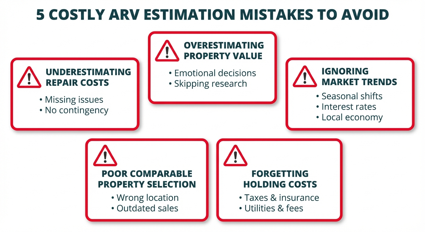 **Task:** Create a warning-style infographic highlighting the five most common ARV estimation mistakes with icons and brief descriptions for each pitfall.

**Visual Structure:** Grid layout with five warning boxes arranged in a cross pattern, each containing an icon, mistake title, and key warning points.

**ASCII Layout Reference:**
```
+----------------------------------------------------------+
|           5 COSTLY ARV ESTIMATION MISTAKES TO AVOID      |
+----------------------------------------------------------+
|                                                          |
|              +------------------------+                  |
|              |  [!] OVERESTIMATING    |                  |
|              |  PROPERTY VALUE        |                  |
|              |  • Emotional decisions |                  |
|              |  • Skipping research   |                  |
|              +------------------------+                  |
|                                                          |
|  +-------------------+       +-------------------+       |
|  | [!] UNDER-        |       | [!] IGNORING      |       |
|  | ESTIMATING        |       | MARKET TRENDS     |       |
|  | REPAIR COSTS      |       | • Seasonal shifts |       |
|  | • Missing issues  |       | • Interest rates  |       |
|  | • No contingency  |       | • Local economy   |       |
|  +-------------------+       +-------------------+       |
|                                                          |
|              +------------------------+                  |
|              | [!] POOR COMPARABLE    |                  |
|              | PROPERTY SELECTION     |                  |
|              | • Wrong location       |                  |
|              | • Outdated sales       |                  |
|              +------------------------+                  |
|                                                          |
|              +------------------------+                  |
|              | [!] FORGETTING         |                  |
|              | HOLDING COSTS          |                  |
|              | • Taxes & insurance    |                  |
|              | • Utilities & fees     |                  |
|              +------------------------+                  |
+----------------------------------------------------------+
```

**Image Section Breakdown:**
- Header: 