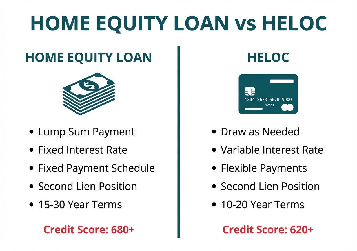 Task: Create a comparison infographic that clearly distinguishes between home equity loans and HELOCs, showing their key characteristics side-by-side.

Visual Structure: A two-column comparison layout with a central dividing line, showing Home Equity Loan characteristics on the left and HELOC characteristics on the right, with icons and bullet points for each feature.

ASCII Layout Reference:
```
+-------------------------------------------------------------------+
|                    HOME EQUITY LOAN vs HELOC                      |
+-------------------------------------------------------------------+
|  HOME EQUITY LOAN          |          HELOC                       |
|  [Stack of Money Icon]     |     [Credit Card Icon]              |
|                            |                                      |
|  • Lump Sum Payment        |     • Draw as Needed                 |
|  • Fixed Interest Rate     |     • Variable Interest Rate         |
|  • Fixed Payment Schedule  |     • Flexible Payments              |
|  • Second Lien Position    |     • Second Lien Position           |
|  • 15-30 Year Terms        |     • 10-20 Year Terms               |
|                            |                                      |
|  Credit Score: 620+        |     Credit Score: 680+               |
+-------------------------------------------------------------------+
```

Image Section Breakdown:
- Header section: Title 