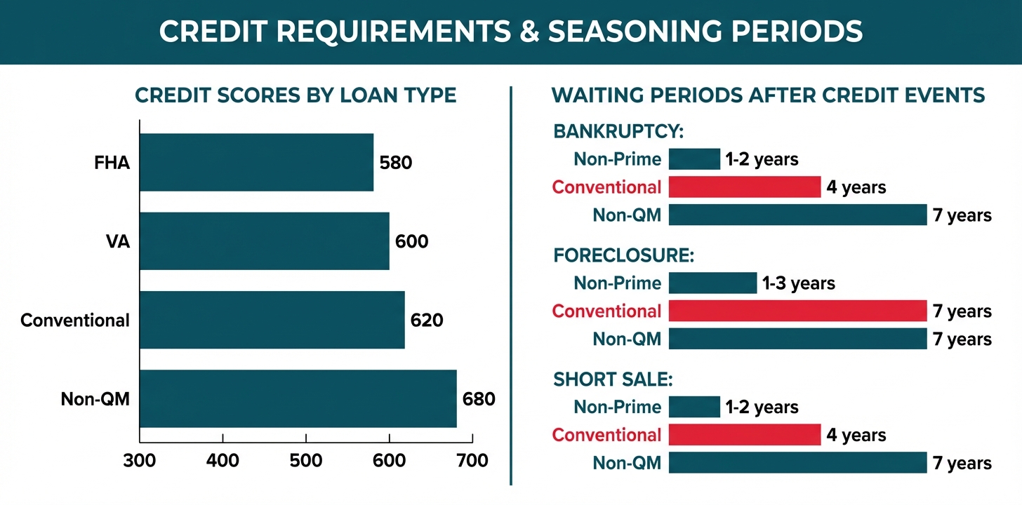 Task: Create a data visualization chart showing credit score requirements and waiting periods (seasoning) after major credit events for different types of cash-out refinance loans.

Visual Structure: A combination chart with a bar graph showing minimum credit scores for different loan types on the left, and a timeline infographic on the right showing seasoning periods after bankruptcy, foreclosure, and short sale.

ASCII Layout Reference:
```
+------------------------------------------------------------------------+
|           CREDIT REQUIREMENTS & SEASONING PERIODS                      |
+------------------------------------------------------------------------+
|  CREDIT SCORES BY LOAN TYPE  |  WAITING PERIODS AFTER CREDIT EVENTS   |
|                              |                                         |
|  FHA        [====] 580       |  BANKRUPTCY:                            |
|  VA         [=====] 600      |  Non-Prime: 1-2 years                   |
|  Conv.      [=======] 620    |  Conventional: 4 years                  |
|  Non-QM     [==] 500         |                                         |
|                              |  FORECLOSURE:                           |
|  300  400  500  600  700     |  Non-Prime: 1-3 years                   |
|                              |  Conventional: 7 years                  |
|                              |                                         |
|                              |  SHORT SALE:                            |
|                              |  Non-Prime: 1-2 years                   |
|                              |  Conventional: 4 years                  |
+------------------------------------------------------------------------+
```

Image Section Breakdown:
- Header: 