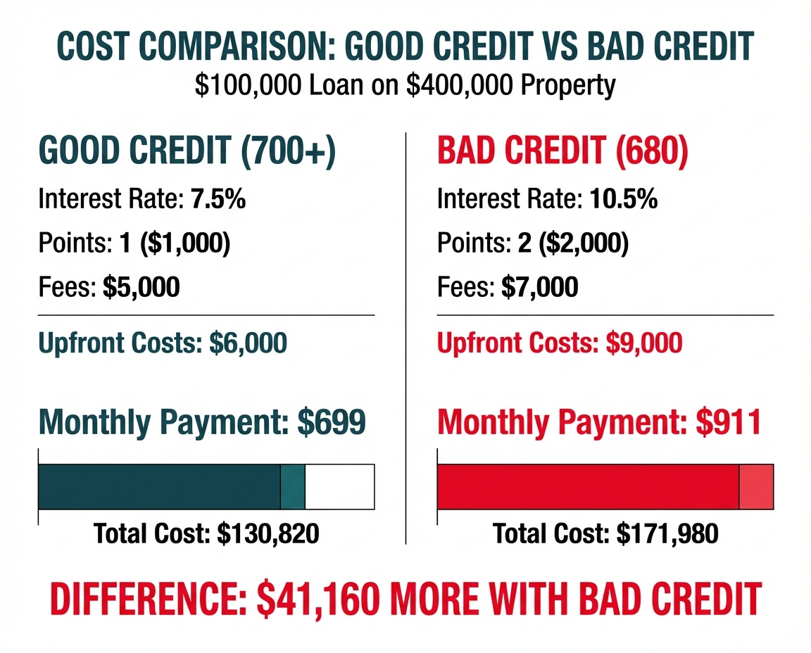 Task: Create a detailed cost comparison infographic showing the total financial impact of good credit versus bad credit on a $100,000 home equity loan over 15 years.

Visual Structure: A side-by-side comparison layout with two scenarios, showing upfront costs at top and total costs over time visualized as stacked bar charts below, with key metrics highlighted in callout boxes.

ASCII Layout Reference:
```
+------------------------------------------------------------------------+
|            COST COMPARISON: GOOD CREDIT VS BAD CREDIT                 |
|                   $100,000 Loan on $400,000 Property                   |
+------------------------------------------------------------------------+
|  GOOD CREDIT (700+)              |  BAD CREDIT (620)                   |
|  -------------------------       |  -------------------------          |
|  Interest Rate: 7.5%             |  Interest Rate: 10.5%               |
|  Points: 1 ($1,000)              |  Points: 2 ($2,000)                 |
|  Fees: $5,000                    |  Fees: $7,000                       |
|  -------------------------       |  -------------------------          |
|  Upfront Costs: $6,000           |  Upfront Costs: $9,000              |
|                                  |                                     |
|  Monthly Payment: $699           |  Monthly Payment: $911              |
|                                  |                                     |
|  [====== BAR ======]             |  [========= BAR =========]          |
|  Total Cost: $130,820            |  Total Cost: $171,980               |
|                                  |                                     |
+------------------------------------------------------------------------+
|              DIFFERENCE: $41,160 MORE WITH BAD CREDIT                  |
+------------------------------------------------------------------------+
```

Image Section Breakdown:
- Header section: 
  * Main title 