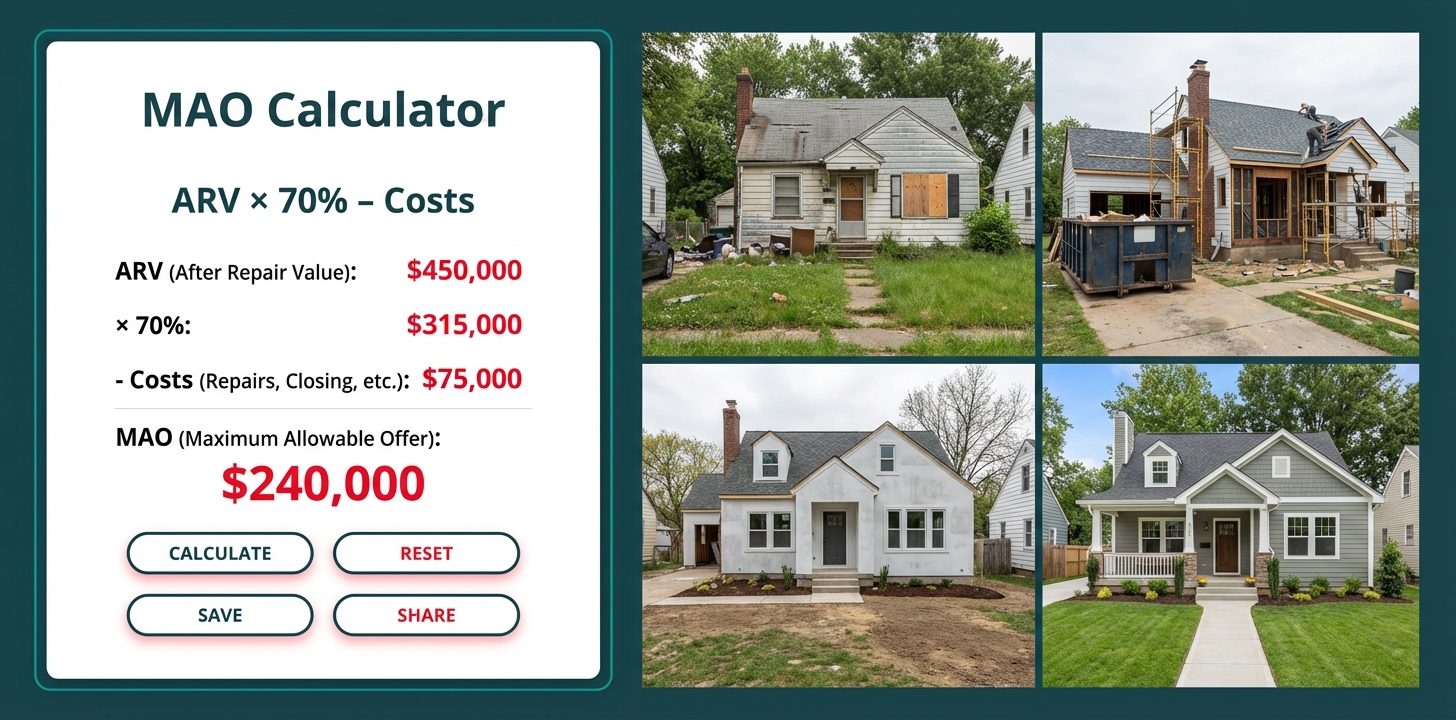 **Task:** Create a professional hero image featuring a modern calculator interface overlaid on a background of residential property photos, symbolizing the intersection of data analysis and real estate investment.

**Visual Structure:** Split-screen composition with left side showing a sleek digital calculator display with MAO calculation elements, right side showing a collage of 3-4 residential properties in various conditions (distressed to renovated).

**ASCII Layout Reference:**
```
+------------------+------------------+
|                  |                  |
|   CALCULATOR     |   PROPERTIES     |
|   INTERFACE      |   COLLAGE        |
|   (Clean, Modern)|   (Real Estate)  |
|                  |                  |
|   MAO = $XXX,XXX |   [House 1]     |
|   ARV × 70%      |   [House 2]     |
|   - Costs        |   [House 3]     |
|                  |                  |
+------------------+------------------+
```

**Image Section Breakdown:**
- Left panel: Digital calculator interface with 