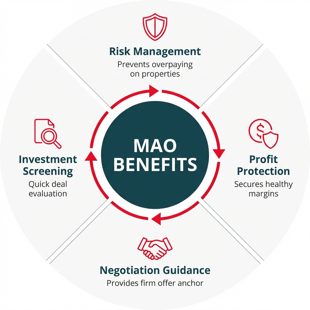 **Task:** Create an infographic illustrating the four key benefits of calculating MAO correctly, presented as a circular flow diagram with icons and brief explanations.

**Visual Structure:** Centered circular diagram with 