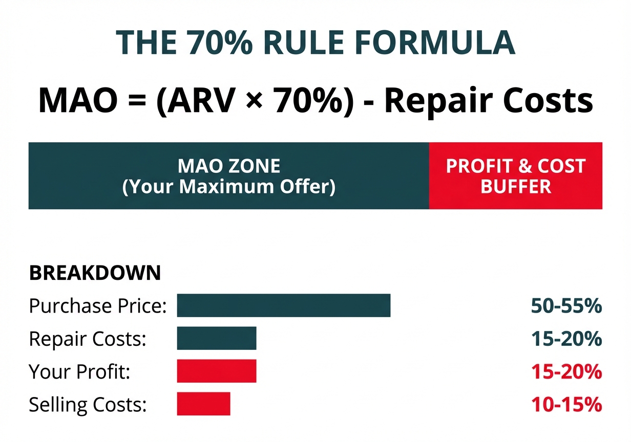 **Task:** Create a clean, professional infographic breaking down the 70% Rule formula with visual representation of how the percentages allocate across different cost categories.

**Visual Structure:** Horizontal bar chart showing 100% ARV broken into segments, with the formula prominently displayed above and detailed breakdown below.

**ASCII Layout Reference:**
```
THE 70% RULE FORMULA
MAO = (ARV × 70%) - Repair Costs

[====70% MAO Zone====][==30% Buffer==]
     (Your Offer)      (Profit+Costs)

BREAKDOWN:
Purchase Price: 50-55%
Repair Costs: 15-20%
Your Profit: 15-20%
Selling Costs: 10-15%
```

**Image Section Breakdown:**
- Header section: 
