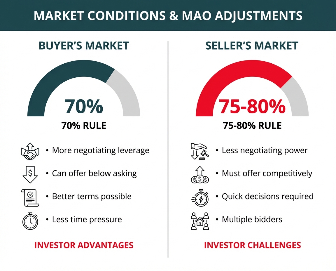 **Task:** Create a comparison infographic showing how MAO calculations adjust between buyer's markets and seller's markets, with visual representation of the different percentage rules.

**Visual Structure:** Side-by-side comparison layout with two columns, each showing market type, recommended ARV percentage, and visual gauge indicator.

**ASCII Layout Reference:**
```
MARKET CONDITIONS & MAO ADJUSTMENTS
+------------------+------------------+
|  BUYER'S MARKET  | SELLER'S MARKET  |
+------------------+------------------+
|   [GAUGE: 70%]   |  [GAUGE: 75-80%] |
|                  |                  |
| • More leverage  | • Less leverage  |
| • Lower offers   | • Higher offers  |
| • Better terms   | • Quick action   |
| • Less urgency   | • Competition    |
+------------------+------------------+
     ADVANTAGES         CHALLENGES
```

**Image Section Breakdown:**
- Header: 