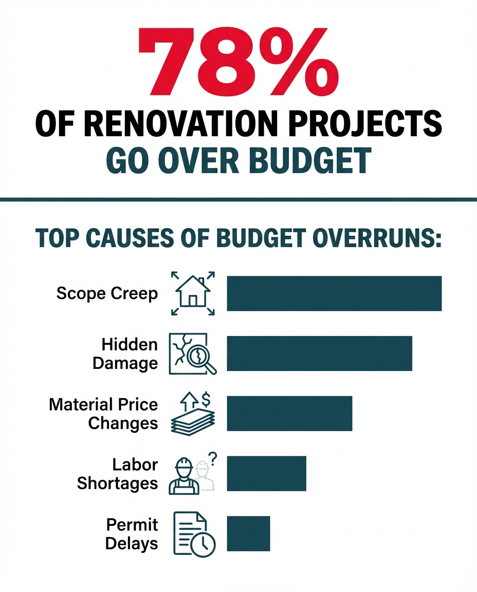 **Task:** Create an infographic highlighting the statistic that 78% of renovation projects go over budget, with a visual breakdown of common causes of budget overruns.

**Visual Structure:** Large prominent statistic at top, followed by horizontal bar chart showing five main causes of budget overruns with relative frequency/impact indicators.

**ASCII Layout Reference:**
```
+----------------------------------+
|           78%                    |
|  OF RENOVATION PROJECTS          |
|     GO OVER BUDGET              |
+----------------------------------+

TOP CAUSES OF BUDGET OVERRUNS:
[████████████] Scope Creep
[███████████] Hidden Damage
[██████████] Material Price Changes
[█████████] Labor Shortages
[████████] Permit Delays
```

**Image Section Breakdown:**
- Top section: Large 