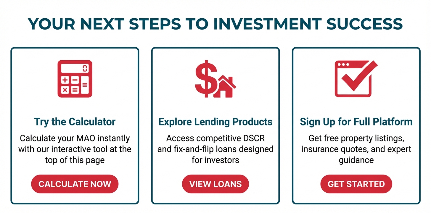 **Task:** Create a call-to-action style infographic with three distinct sections promoting next steps for readers: trying the calculator, exploring lending products, and signing up for the platform.

**Visual Structure:** Three equal-width vertical panels, each with an icon, header, description, and call-to-action button, arranged horizontally.

**ASCII Layout Reference:**
```
YOUR NEXT STEPS TO INVESTMENT SUCCESS
+-------------+-------------+-------------+
|   [CALC]    |   [LOAN]    |  [SIGNUP]   |
|             |             |             |
| Try the     | Explore     | Sign Up     |
| Calculator  | Lending     | for Full    |
|             | Products    | Platform    |
|             |             |             |
| Calculate   | Competitive | Free        |
| your MAO    | DSCR & Flip | listings &  |
| instantly   | loans       | insurance   |
|             |             |             |
| [BUTTON]    | [BUTTON]    | [BUTTON]    |
+-------------+-------------+-------------+
```

**Image Section Breakdown:**
- Header: 