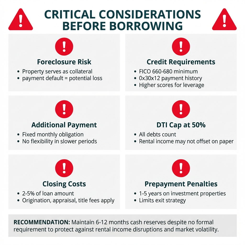 **Task**: Create a warning-style infographic highlighting the key risks and restrictions of home equity loans for real estate investors, designed to grab attention while maintaining professionalism.

**Visual Structure**: A vertical layout with a bold header, followed by six risk categories arranged in a grid format with warning icons, and a bottom cautionary note.

**ASCII Layout Reference**:
```
+---------------------------------------------------------------+
|  ⚠  CRITICAL CONSIDERATIONS BEFORE BORROWING  ⚠              |
+---------------------------------------------------------------+
|                                                               |
|  [!] Foreclosure Risk        [!] Credit Requirements         |
|  Property serves as          FICO 660-680 minimum            |
|  collateral - payment        0x30x12 payment history         |
|  default = potential loss    Higher scores for leverage      |
|                                                               |
|  [!] Additional Payment      [!] DTI Cap at 50%              |
|  Fixed monthly obligation    All debts count                 |
|  No flexibility in           Rental income may not           |
|  slower periods              offset on paper                 |
|                                                               |
|  [!] Closing Costs          [!] Prepayment Penalties         |
|  2-5% of loan amount        1-5 years on investment          |
|  Origination, appraisal,    properties                       |
|  title fees apply           Limits exit strategy             |
|                                                               |
+---------------------------------------------------------------+
|  RECOMMENDATION: Maintain 6-12 months cash reserves          |
|  despite no formal requirement to protect against            |
|  rental income disruptions and market volatility.            |
+---------------------------------------------------------------+
```

**Image Section Breakdown**:
- Header: Warning triangle icons (⚠) in vivid red (#ED072A) on both sides of 