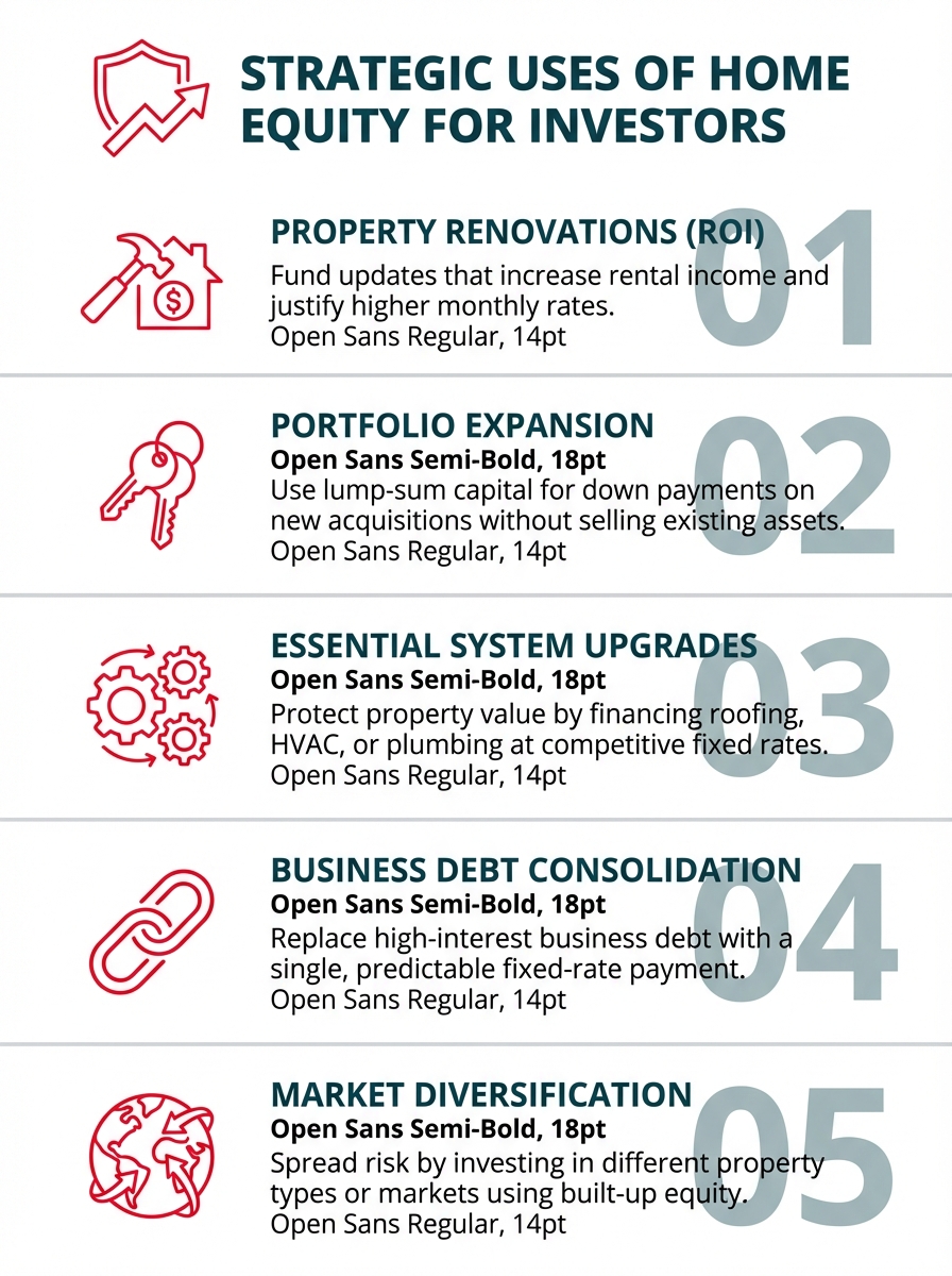 **Task**: Create an illustrative conceptual image showing a real estate investor reviewing financial documents with a calculator, property photos, and renovation plans spread across a desk, representing strategic planning for using home equity loans.

**Visual Structure**: A professional desk scene photographed from above (bird's eye view) showing organized financial planning materials, with deep teal and vivid red accents incorporated into the scene through folders, charts, and highlighting.

**ASCII Layout Reference**:
```
+---------------------------------------------------------------+
|                    [DESK SURFACE - TOP VIEW]                  |
|                                                               |
|  [Property Photo 1]    [Calculator]      [Property Photo 2]  |
|                                                               |
|  [Renovation Plans     [Financial        [Laptop showing     |
|   with red markup]      Documents]        property data]     |
|                                                               |
|  [Coffee Cup]          [Pen & Notes]     [Folder labeled     |
|                                           