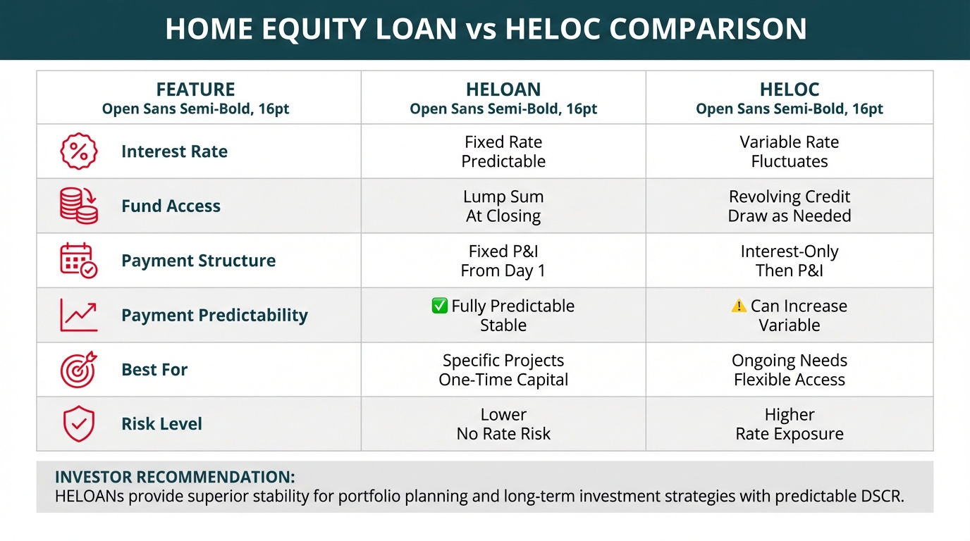**Task**: Create a comprehensive comparison chart showing Home Equity Loan (HELOAN) versus Home Equity Line of Credit (HELOC) with key features, benefits, and drawbacks for real estate investors.

**Visual Structure**: A side-by-side comparison table with a header, two main columns (HELOAN and HELOC), and rows for different comparison categories with icons.

**ASCII Layout Reference**:
```
+---------------------------------------------------------------+
|         HOME EQUITY LOAN vs HELOC COMPARISON                  |
+---------------------------------------------------------------+
|  FEATURE          |  HELOAN              |  HELOC             |
+-------------------+----------------------+--------------------+
|  [Icon] Interest  |  Fixed Rate          |  Variable Rate     |
|  Rate             |  Predictable         |  Fluctuates        |
+-------------------+----------------------+--------------------+
|  [Icon] Fund      |  Lump Sum            |  Revolving Credit  |
|  Access           |  At Closing          |  Draw as Needed    |
+-------------------+----------------------+--------------------+
|  [Icon] Payment   |  Fixed P&I           |  Interest-Only     |
|  Structure        |  From Day 1          |  Then P&I          |
+-------------------+----------------------+--------------------+
|  [Icon] Payment   |  Fully Predictable   |  Can Increase      |
|  Predictability   |  ✓ Stable            |  ⚠ Variable        |
+-------------------+----------------------+--------------------+
|  [Icon] Best For  |  Specific Projects   |  Ongoing Needs     |
|                   |  One-Time Capital    |  Flexible Access   |
+-------------------+----------------------+--------------------+
|  [Icon] Risk      |  Lower               |  Higher            |
|  Level            |  No Rate Risk        |  Rate Exposure     |
+-------------------+----------------------+--------------------+
|                                                               |
|  INVESTOR RECOMMENDATION:                                     |
|  HELOANs provide superior stability for portfolio planning    |
|  and long-term investment strategies with predictable DSCR.   |
+---------------------------------------------------------------+
```

**Image Section Breakdown**:
- Header: 