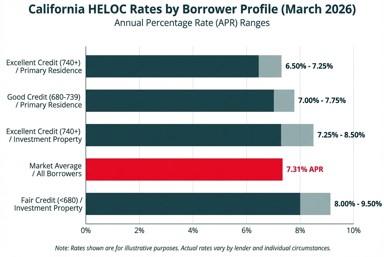 **Task:** Create a data visualization chart showing the current HELOC rate landscape in California, displaying both the market average and how rates vary based on key borrower factors.

**Visual Structure:** A horizontal bar chart with five bars showing rate ranges for different borrower profiles, with the market average clearly marked. Include a legend and clear axis labels.

**ASCII Layout Reference:**
```
California HELOC Rates by Borrower Profile (March 2026)

Excellent Credit (740+) |████████████░░░░░░░░| 6.50% - 7.25%
Primary Residence      |

Good Credit (680-739)  |█████████████░░░░░░░| 7.00% - 7.75%
Primary Residence      |

Excellent Credit (740+)|█████████████░░░░░░░| 7.25% - 8.50%
Investment Property    |

Market Average         |██████████████░░░░░░| 7.31% APR
All Borrowers          |

Fair Credit (<680)     |████████████████░░░░| 8.00% - 9.50%
Investment Property    |

                       0%   2%   4%   6%   8%   10%
```

**Image Section Breakdown:**

Title Section (Top):
- Main title: 