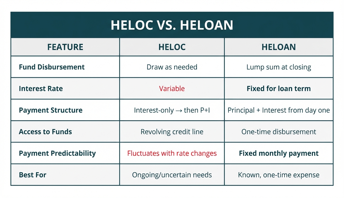 **Task**: Create a professional comparison table infographic that clearly contrasts the key features of HELOCs versus Traditional Home Equity Loans, using a clean, corporate design with the specified brand colors.**Visual Structure**: A two-column comparison table with a header row and six feature rows, using alternating row shading for readability and clear visual separation between the two loan types.**ASCII Layout Reference**:```┌────────────────────────────────────────────────────────────────────────┐│              HELOC VS. TRADITIONAL HOME EQUITY LOAN                    │├──────────────────────────┬─────────────────┬───────────────────────────┤│ FEATURE                  │     HELOC       │  TRADITIONAL EQUITY LOAN  │├──────────────────────────┼─────────────────┼───────────────────────────┤│ Fund Disbursement        │ Draw as needed  │ Lump sum at closing       │├──────────────────────────┼─────────────────┼───────────────────────────┤│ Interest Rate            │ Variable        │ Fixed for loan term       │├──────────────────────────┼─────────────────┼───────────────────────────┤│ Payment Structure        │ Interest-only → │ Principal + Interest      ││                          │ then P+I        │ from day one              │├──────────────────────────┼─────────────────┼───────────────────────────┤│ Access to Funds          │ Revolving       │ One-time disbursement     ││                          │ credit line     │                           │├──────────────────────────┼─────────────────┼───────────────────────────┤│ Payment Predictability   │ Fluctuates with │ Fixed monthly payment     ││                          │ rate changes    │                           │├──────────────────────────┼─────────────────┼───────────────────────────┤│ Best For                 │ Ongoing/        │ Known, one-time expense   ││                          │ uncertain needs │                           │└──────────────────────────┴─────────────────┴───────────────────────────┘```**Image Section Breakdown**:*Header Row*:- Background: Deep Teal (#1b444a)- Text: 