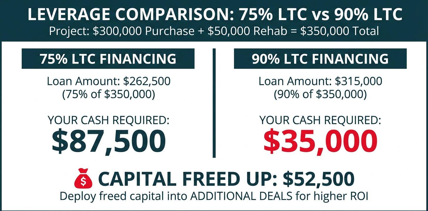 **Task:** Create a professional comparison infographic showing the capital efficiency difference between 75% LTC and 90% LTC financing on a $350,000 project ($300,000 purchase + $50,000 rehab).

**Visual Structure:** A side-by-side comparison chart with two columns showing cash required for each financing option, with a highlighted savings callout at the bottom.

**ASCII Layout Reference:**
```
┌───────────────────────────────────────────────────────────────────┐
│  LEVERAGE COMPARISON: 75% LTC vs 90% LTC                          │
│  Project: $300,000 Purchase + $50,000 Rehab = $350,000 Total     │
├──────────────────────────────┬────────────────────────────────────┤
│      75% LTC FINANCING       │       90% LTC FINANCING            │
├──────────────────────────────┼────────────────────────────────────┤
│   Loan Amount: $262,500      │    Loan Amount: $315,000           │
│   (75% of $350,000)          │    (90% of $350,000)               │
│                              │                                    │
│   YOUR CASH REQUIRED:        │    YOUR CASH REQUIRED:             │
│      $87,500                 │       $35,000                      │
│                              │                                    │
├──────────────────────────────┴────────────────────────────────────┤
│                    💰 CAPITAL FREED UP: $52,500                   │
│                                                                   │
│     Deploy freed capital into ADDITIONAL DEALS for higher ROI     │
└───────────────────────────────────────────────────────────────────┘
```

**Image Section Breakdown:**
- Header section: 