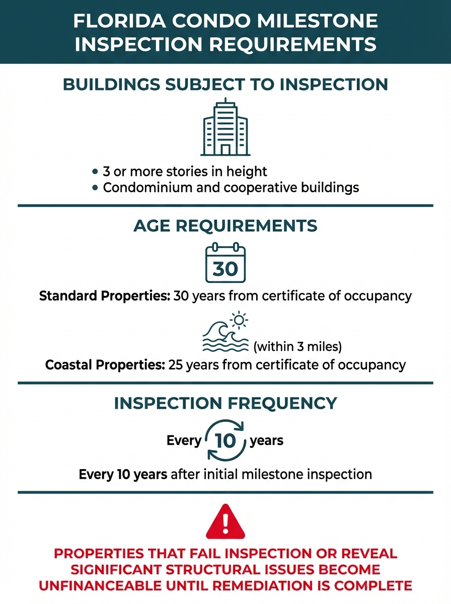 **Task**: Create an infographic explaining Florida's Milestone Inspection requirements for condominium buildings, including age thresholds, coastal proximity rules, and inspection frequency.

**Visual Structure**: A three-section vertical infographic with clear headers and visual icons representing buildings, coastal areas, and inspection timelines.

**ASCII Layout Reference**:
```
┌───────────────────────────────────────────────────────────┐
│     FLORIDA CONDO MILESTONE INSPECTION REQUIREMENTS       │
├───────────────────────────────────────────────────────────┤
│                                                           │
│  BUILDINGS SUBJECT TO INSPECTION                          │
│  [Building Icon - 3+ Stories]                             │
│  • 3 or more stories in height                            │
│  • Condominium and cooperative buildings                  │
│                                                           │
├───────────────────────────────────────────────────────────┤
│                                                           │
│  AGE REQUIREMENTS                                         │
│  [Calendar Icon]                                          │
│  Standard Properties: 30 years from certificate of        │
│                       occupancy                           │
│                                                           │
│  [Wave/Coast Icon]                                        │
│  Coastal Properties: 25 years from certificate of         │
│  (within 3 miles)    occupancy                            │
│                                                           │
├───────────────────────────────────────────────────────────┤
│                                                           │
│  INSPECTION FREQUENCY                                     │
│  [Circular Arrow Icon]                                    │
│  Every 10 years after initial milestone inspection        │
│                                                           │
├───────────────────────────────────────────────────────────┤
│                                                           │
│  ⚠ FINANCING IMPACT ⚠                                     │
│  Properties that fail inspection or reveal significant    │
│  structural issues become UNFINANCEABLE until             │
│  remediation is complete                                  │
│                                                           │
└───────────────────────────────────────────────────────────┘
```

**Image Section Breakdown**:
- Header: 