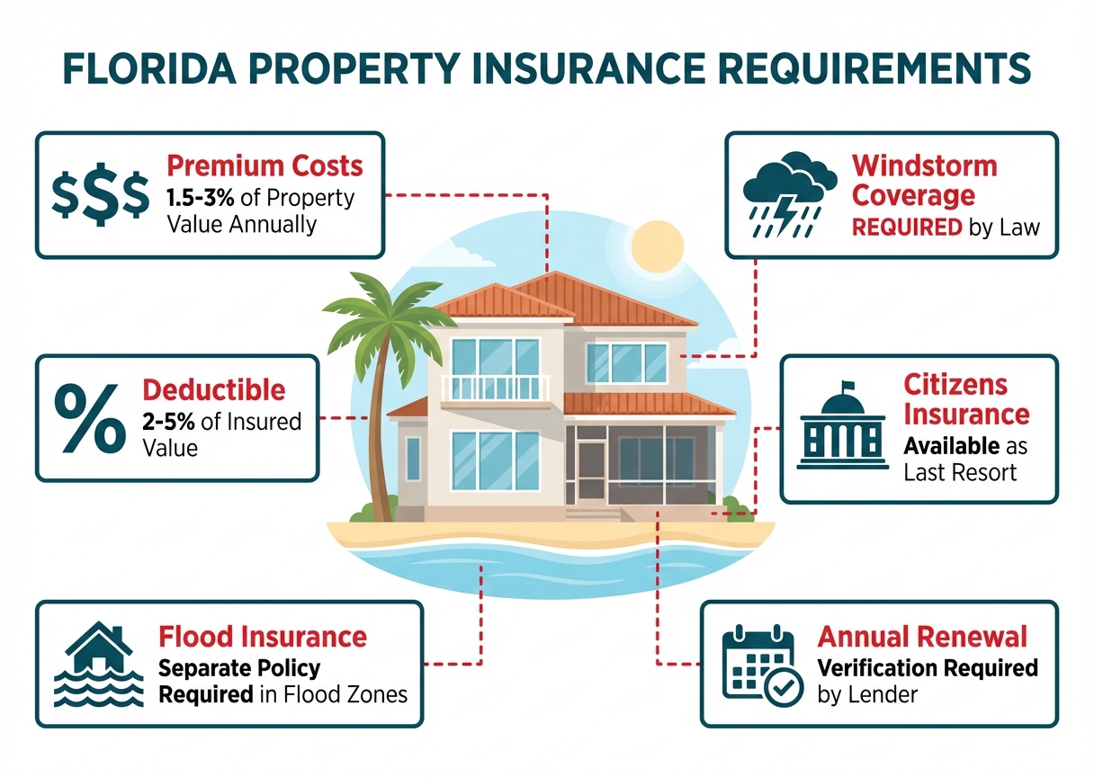**Task**: Create an illustrative image showing a Florida coastal property with visual indicators of insurance requirements and cost considerations for real estate investors.

**Visual Structure**: A modern coastal Florida home as the central focus with insurance-related icons and cost callouts positioned around it.

**ASCII Layout Reference**:
```
┌─────────────────────────────────────────────────────────┐
│                                                         │
│        FLORIDA PROPERTY INSURANCE REQUIREMENTS          │
│                                                         │
│   [$$$]                    [House]              [Storm] │
│  Premium                                        Windstorm│
│   Costs                                         Required │
│                                                         │
│                      [Property]                         │
│                                                         │
│ [Deductible]                                 [Citizens] │
│ 2-5% of                                      Insurance  │
│ Value                                        Available  │
│                                                         │
│   [Flood]                                    [Annual]   │
│  Separate                                    Renewal    │
│  Policy                                      Required   │
│                                                         │
└─────────────────────────────────────────────────────────┘
```

**Image Section Breakdown**:
- Header: 