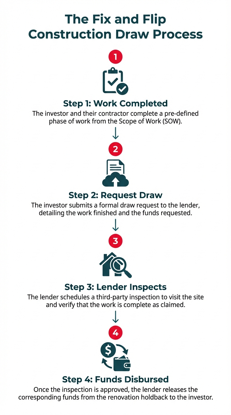 1. Task: Create a flowchart infographic explaining the Construction Draw Process for a fix and flip loan.

2. Visual Structure: A simple, top-to-bottom flowchart with four main steps, connected by arrows. Each step will have a number, a title, a short description, and a corresponding icon.

3. ASCII Layout Reference:
```
+--------------------------------------------------+
|      The Fix and Flip Construction Draw Process  |
|--------------------------------------------------+
|                    [ICON 1: Checklist]           |
|                    Step 1: Work Completed        |
|                    Investor completes a phase    |
|                    of the approved SOW.          |
|                           |                      |
|                           V                      |
|                    [ICON 2: Document]            |
|                    Step 2: Request Draw          |
|                    Investor submits draw request |
|                    & documentation to lender.    |
|                           |                      |
|                           V                      |
|                    [ICON 3: Magnifying Glass]    |
|                    Step 3: Lender Inspects       |
|                    Lender sends an inspector to  |
|                    verify the completed work.    |
|                           |                      |
|                           V                      |
|                    [ICON 4: Money Transfer]      |
|                    Step 4: Funds Disbursed       |
|                    Upon approval, lender releases|
|                    funds from the holdback.      |
+--------------------------------------------------+
```

4. Image section breakdown:
- **Title:** 
