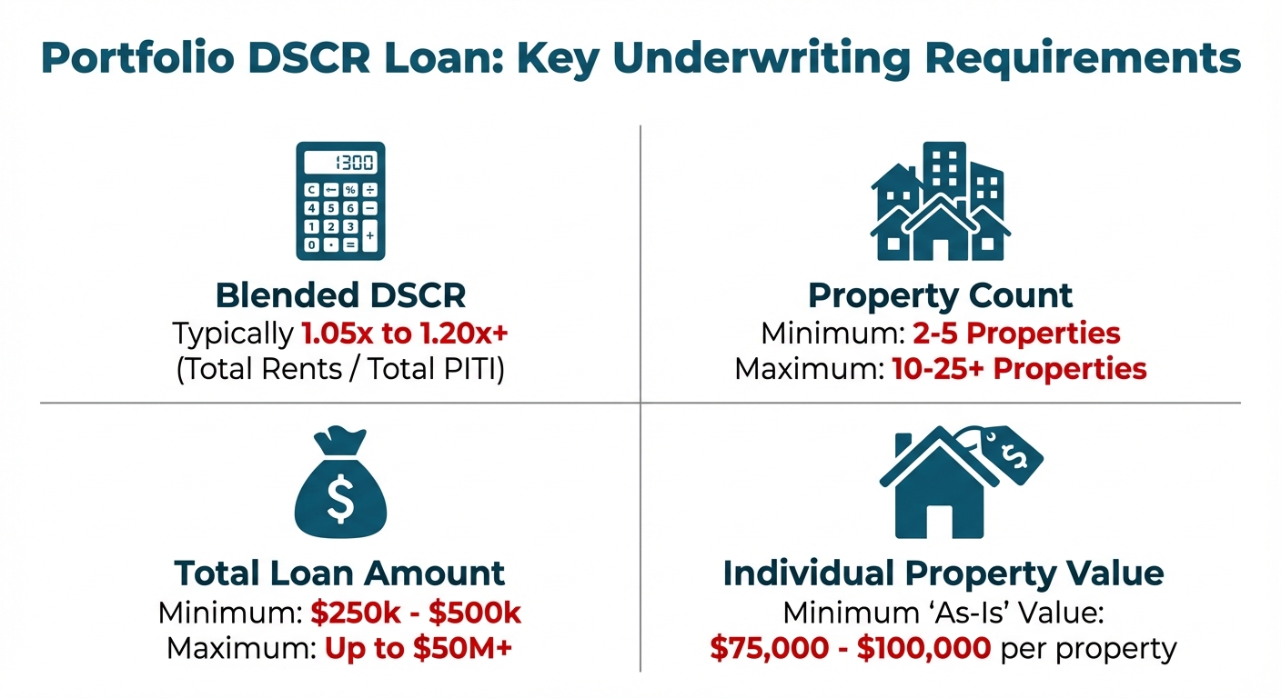 An infographic with four quadrants detailing portfolio DSCR loan underwriting requirements. The sections cover Blended DSCR (1.05x-1.20x+), Property Count (2-25+), Total Loan Amount ($250k-$50M+), and Individual Property Value ($75k+).