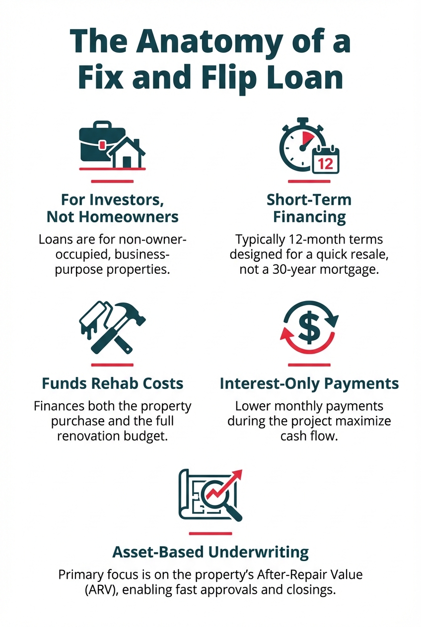 1. Task: Create an infographic that visually summarizes the core concepts of Fix and Flip Lending to provide a quick, at-a-glance understanding for real estate investors.

2. Visual Structure: A vertically oriented infographic with a clear title at the top, followed by five distinct, icon-driven sections arranged in a clean, two-column grid below the header. The overall design should be modern and professional.

3. ASCII Layout Reference:
```
+--------------------------------------------------+
|      The Anatomy of a Fix and Flip Loan          |
|--------------------------------------------------|
| [Icon 1]                 | [Icon 2]              |
| **For Investors,**       | **Short-Term**        |
| **Not Homeowners**       | **Financing**         |
| Loans for business-      | Typically 12-month    |
| purpose properties.      | terms, not 30 years.  |
|--------------------------|-----------------------|
| [Icon 3]                 | [Icon 4]              |
| **Funds Rehab Costs**    | **Interest-Only**     |
| Finances purchase AND    | **Payments**          |
| renovation budget.       | Lower monthly costs   |
|                          | during the project.   |
|--------------------------|-----------------------|
|             [Icon 5] - Center Aligned            |
|             **Asset-Based Underwriting**         |
|             Focus is on the property's After-    |
|             Repair Value (ARV), enabling fast    |
|             approvals and closings.              |
+--------------------------------------------------+
```

4. Image section breakdown:
- **Header Section:** The title 