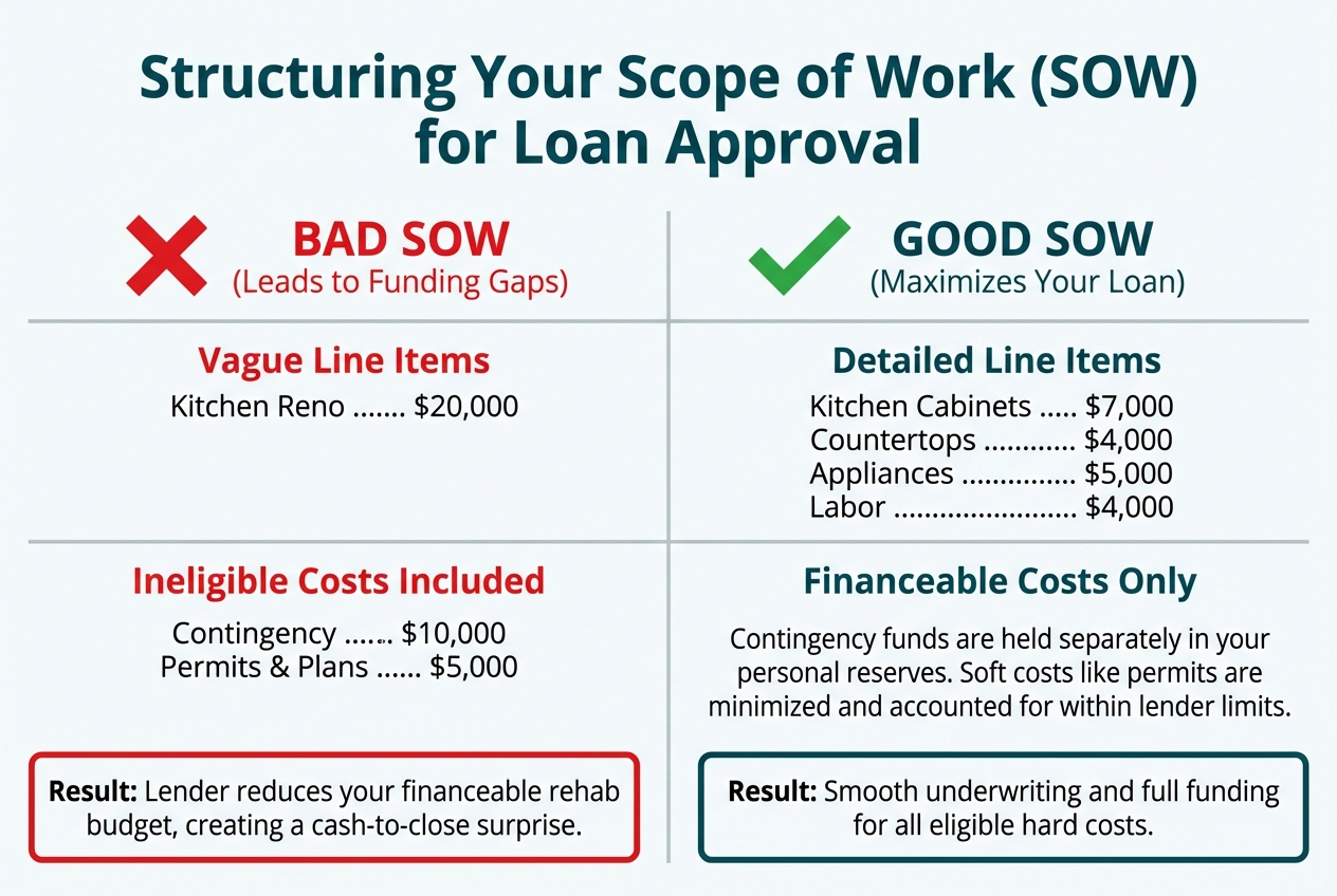 An infographic comparing a bad scope of work to a good one for a hard money loan. The bad SOW has vague items and ineligible costs, while the good SOW is detailed and focuses on financeable hard costs to maximize the loan amount.