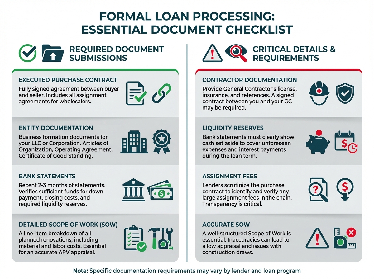 An illustration of the hard money loan document submission process. Icons for a contract, LLC documents, bank statements, and a scope of work are being uploaded to a secure digital portal on a laptop.